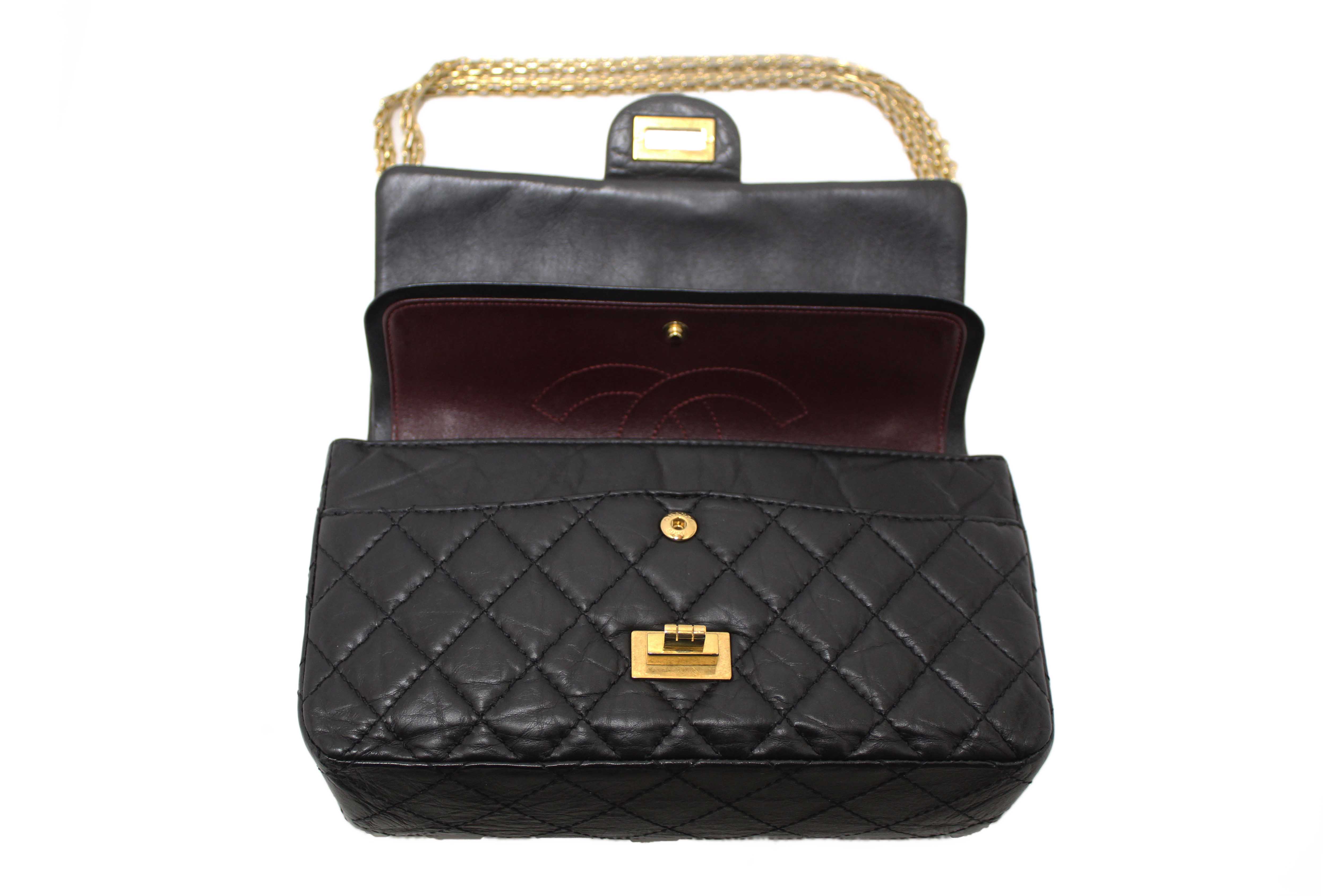 Authentic Chanel Classic Black Aged Calfskin Leather Reissue 2.55 Double Flap Bag