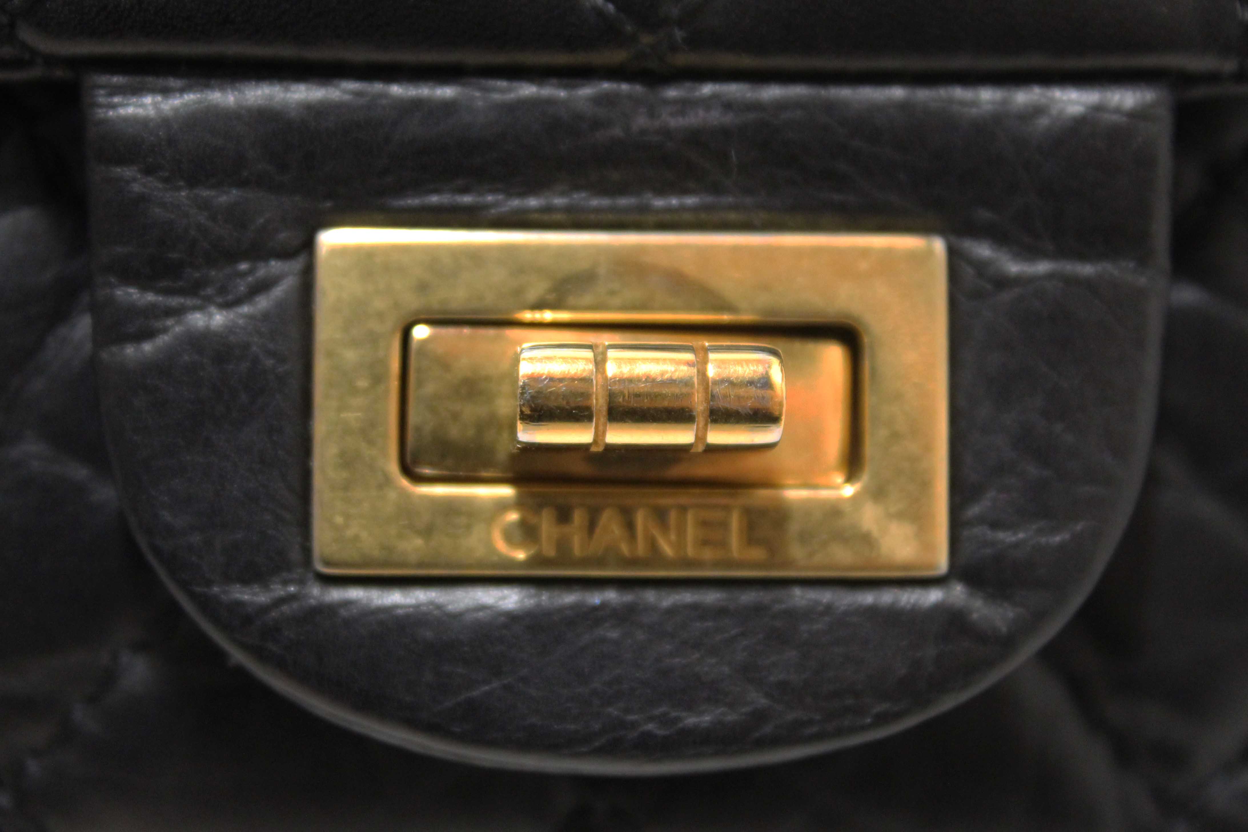 Authentic Chanel Classic Black Aged Calfskin Leather Reissue 2.55 Double Flap Bag