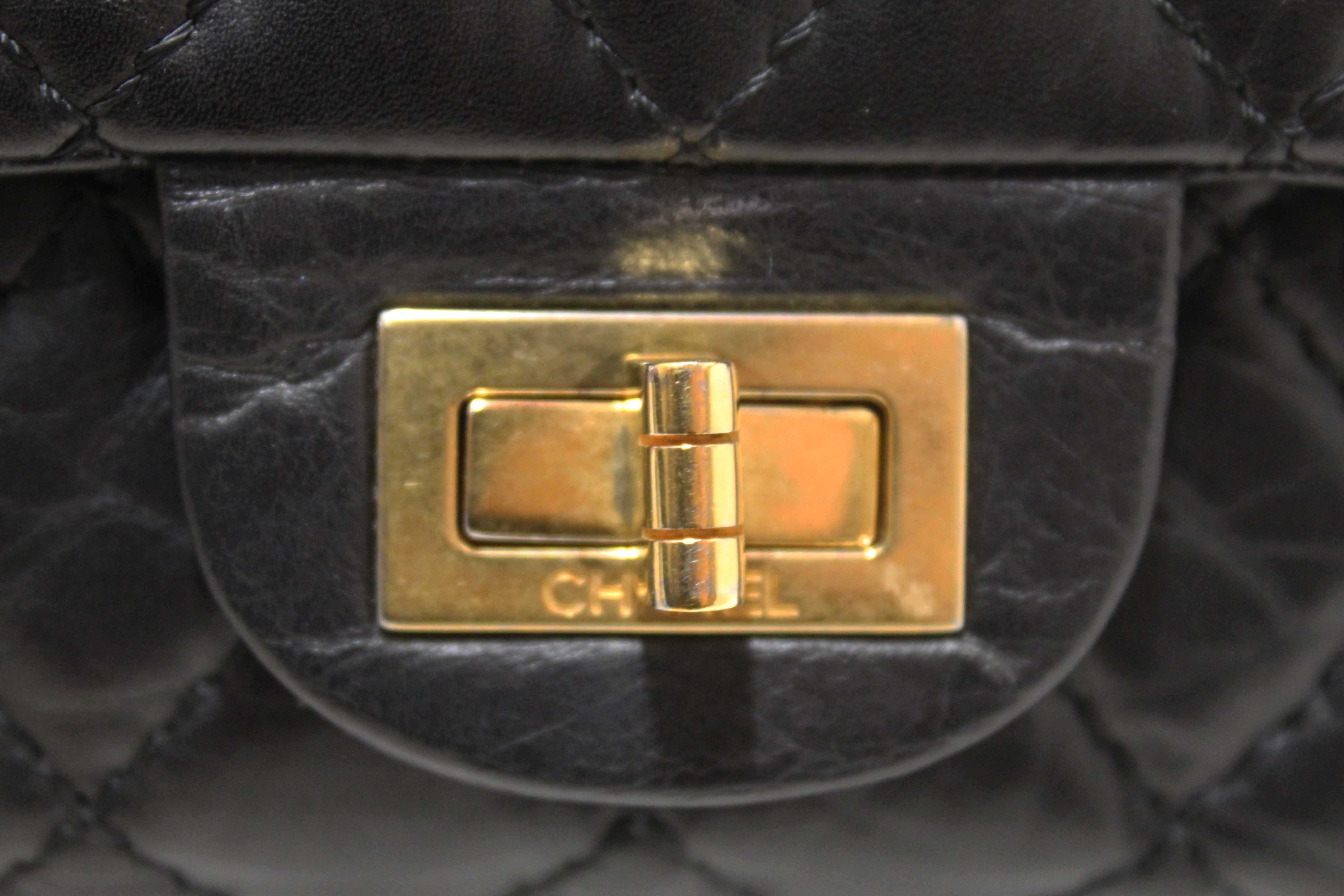 Authentic Chanel Classic Black Aged Calfskin Leather Reissue 2.55 Double Flap Bag