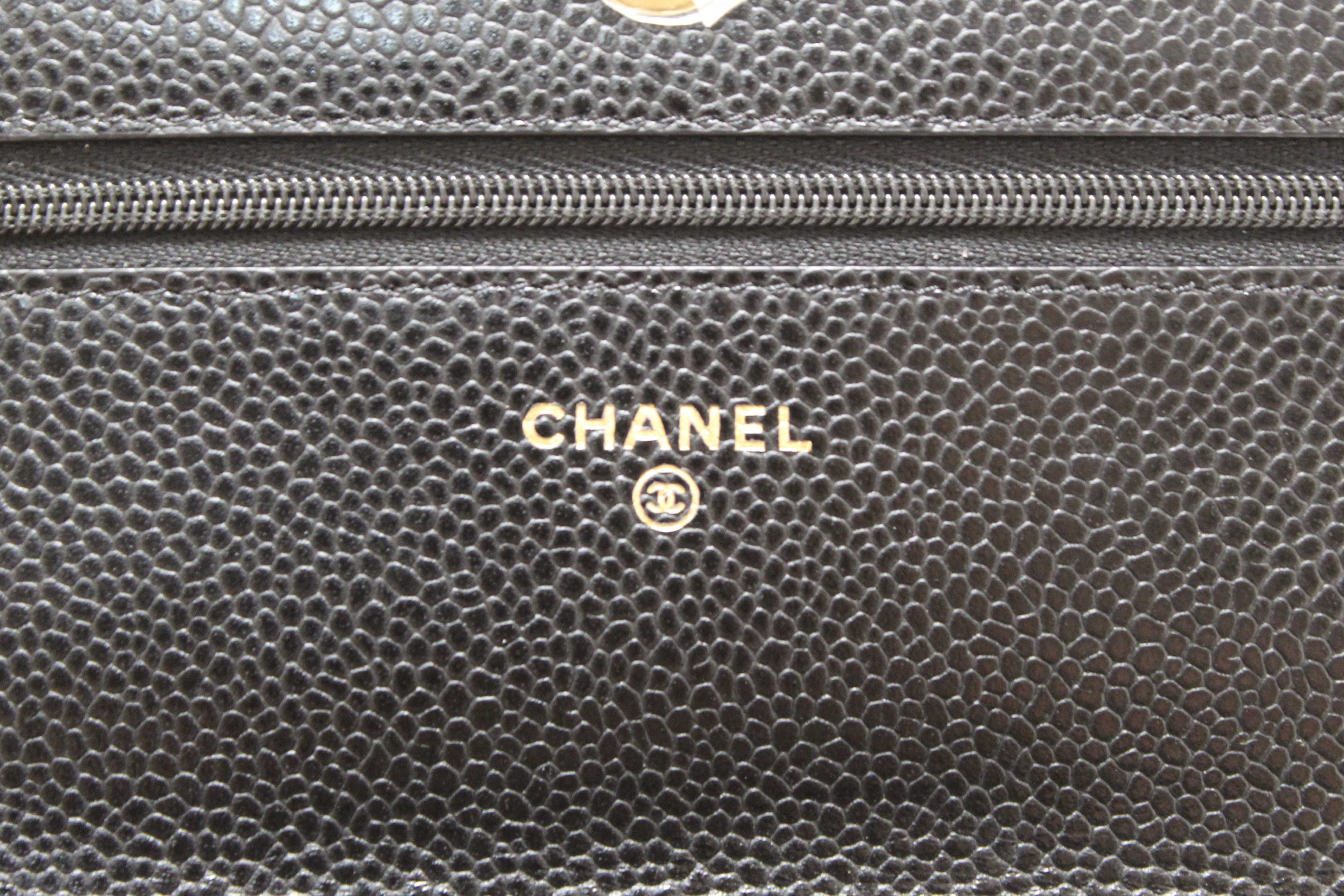 Authentic Chanel Black Quilted Caviar Leather Wallet On Chain WOC Messenger Bag