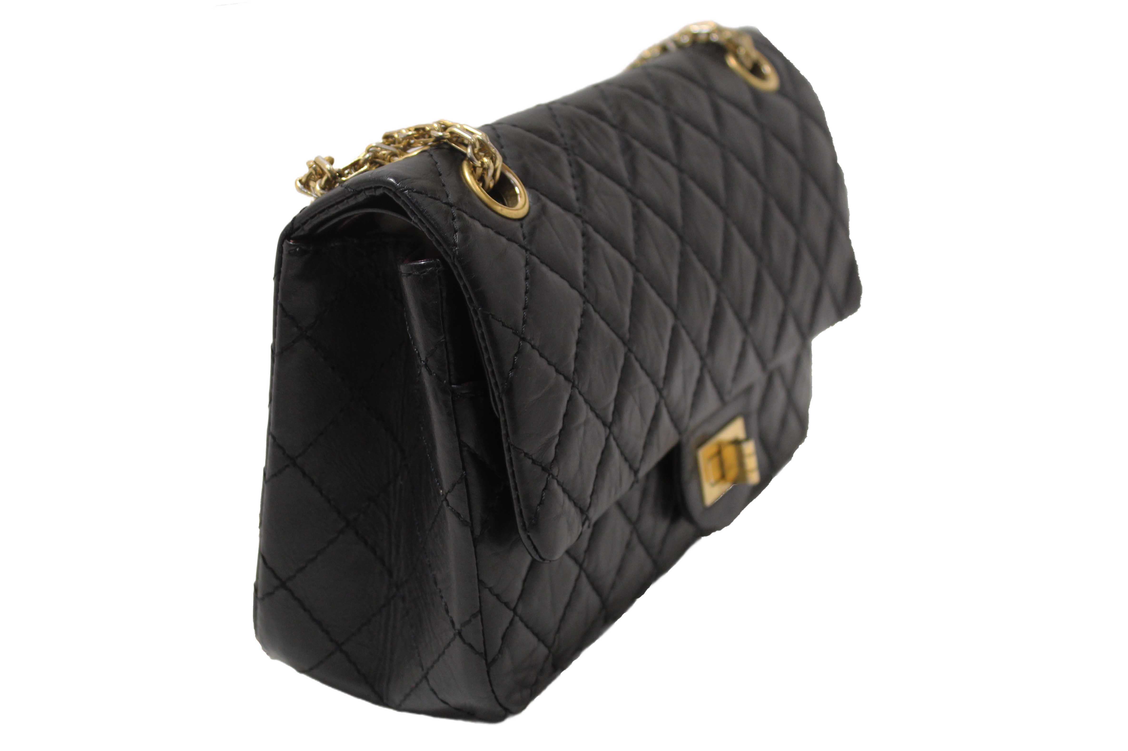 Authentic Chanel Classic Black Aged Calfskin Leather Reissue 2.55 Double Flap Bag