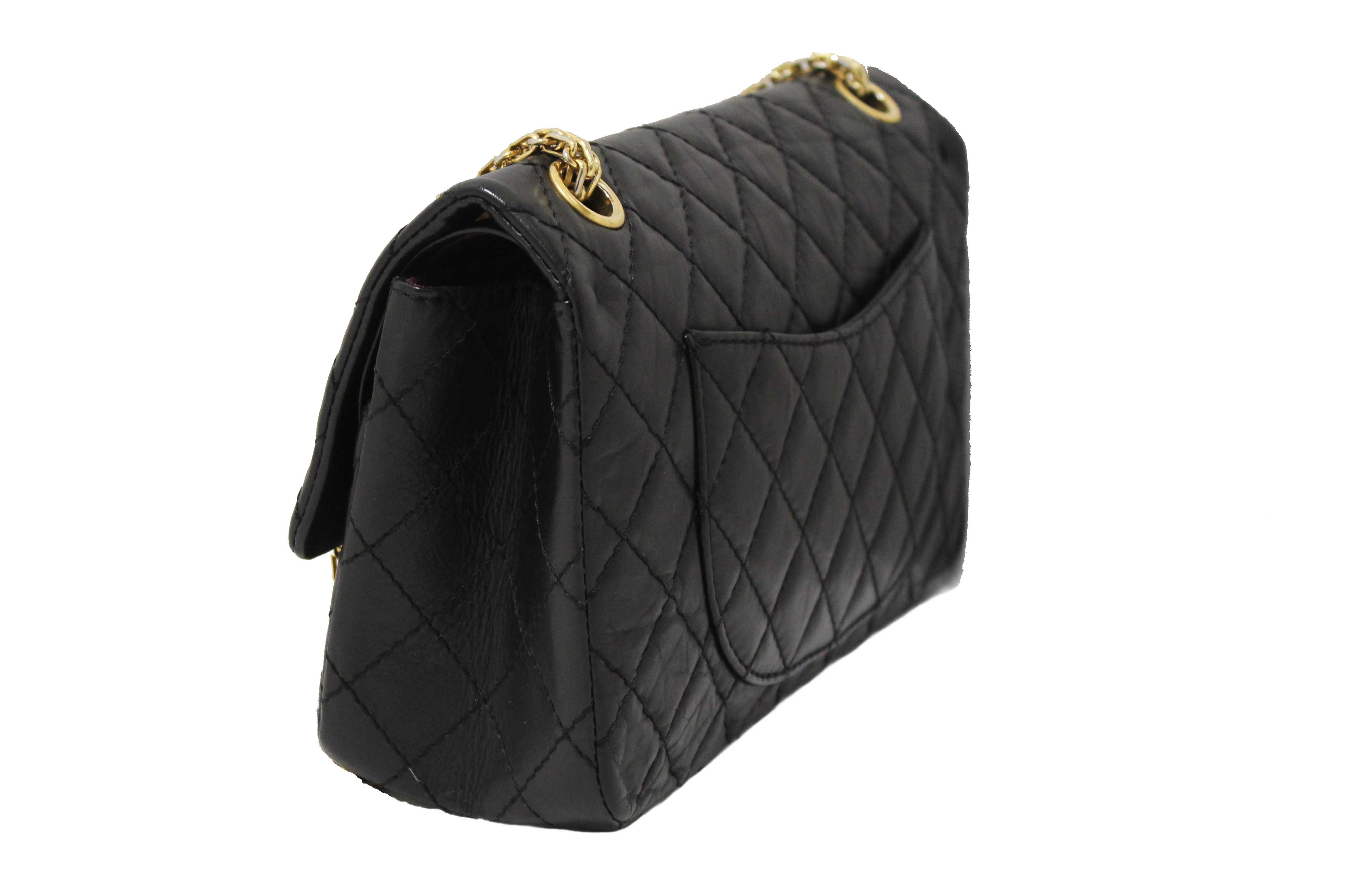 Authentic Chanel Classic Black Aged Calfskin Leather Reissue 2.55 Double Flap Bag