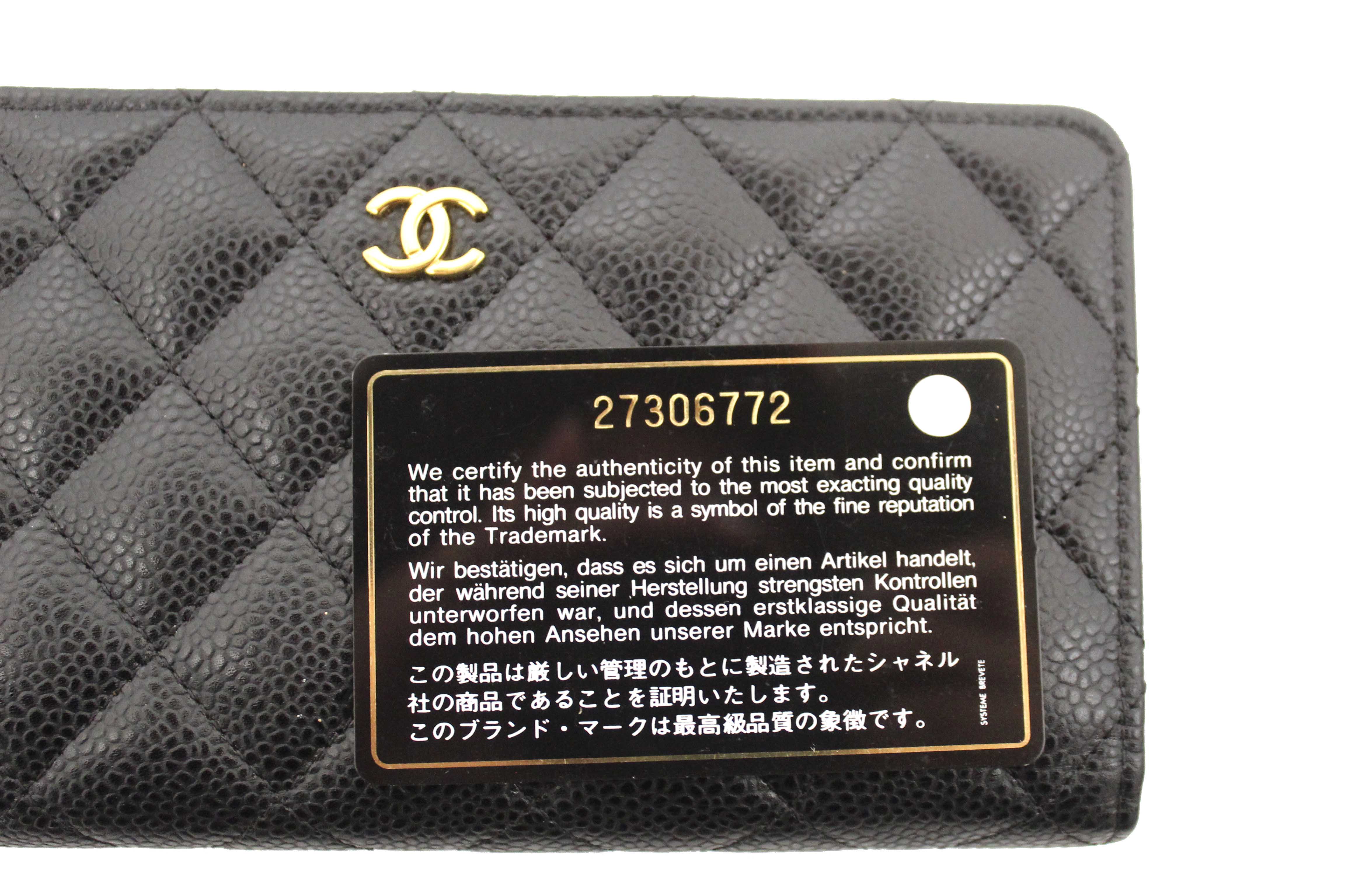 Authentic Chanel Black Quilted Caviar Leather Long Wallet
