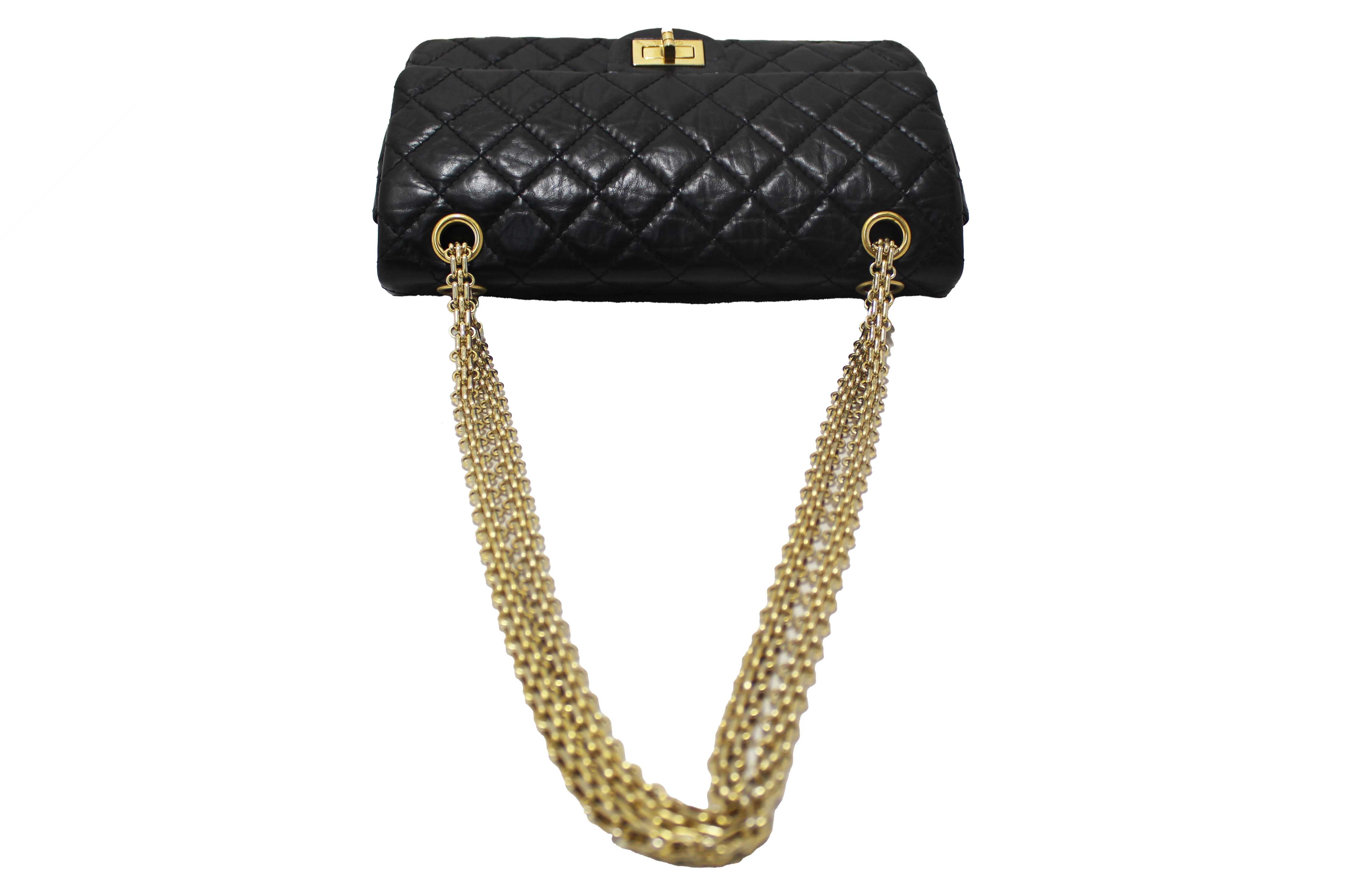 Authentic Chanel Classic Black Aged Calfskin Leather Reissue 2.55 Double Flap Bag