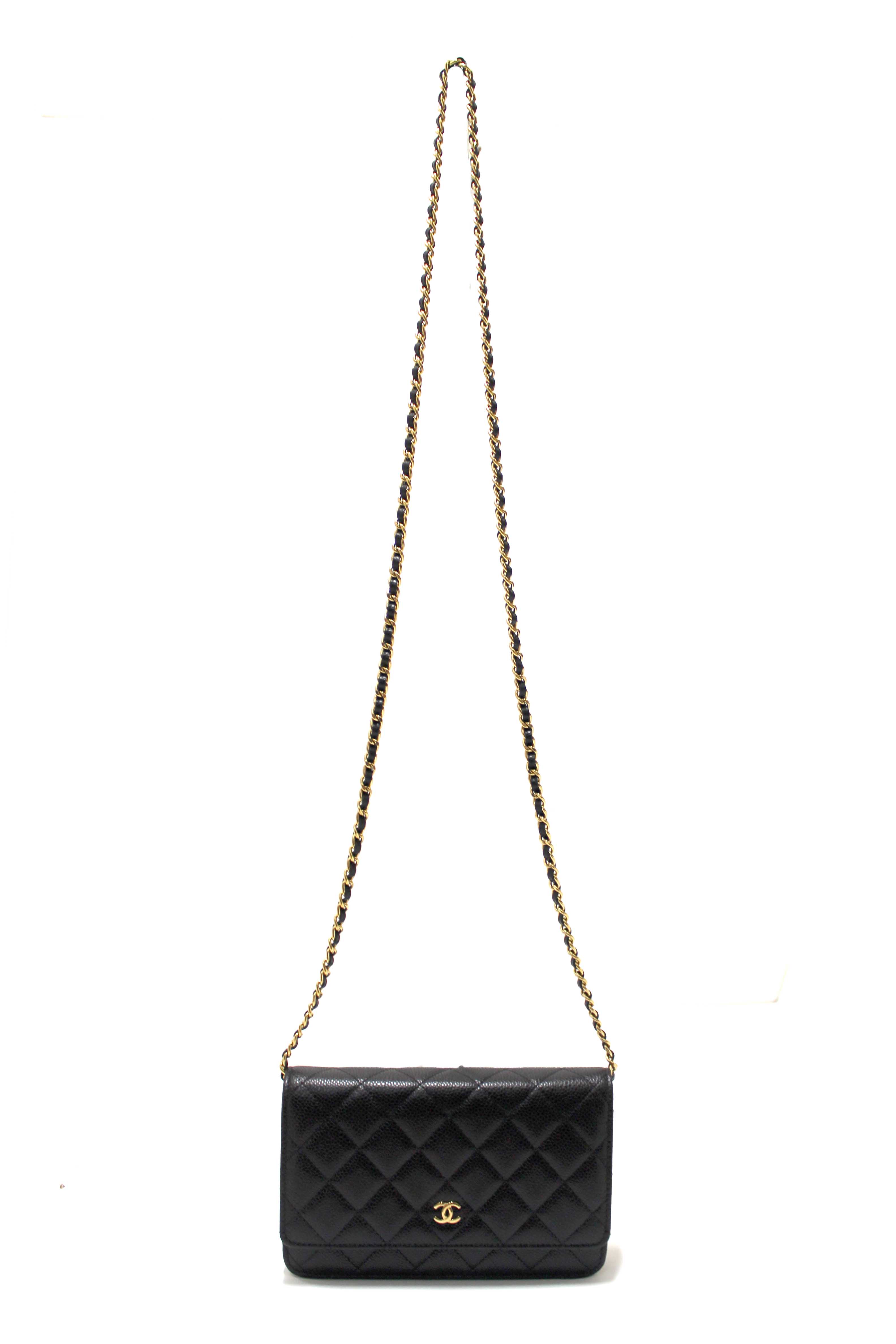 Authentic Chanel Black Quilted Caviar Leather Wallet On Chain WOC Messenger Bag