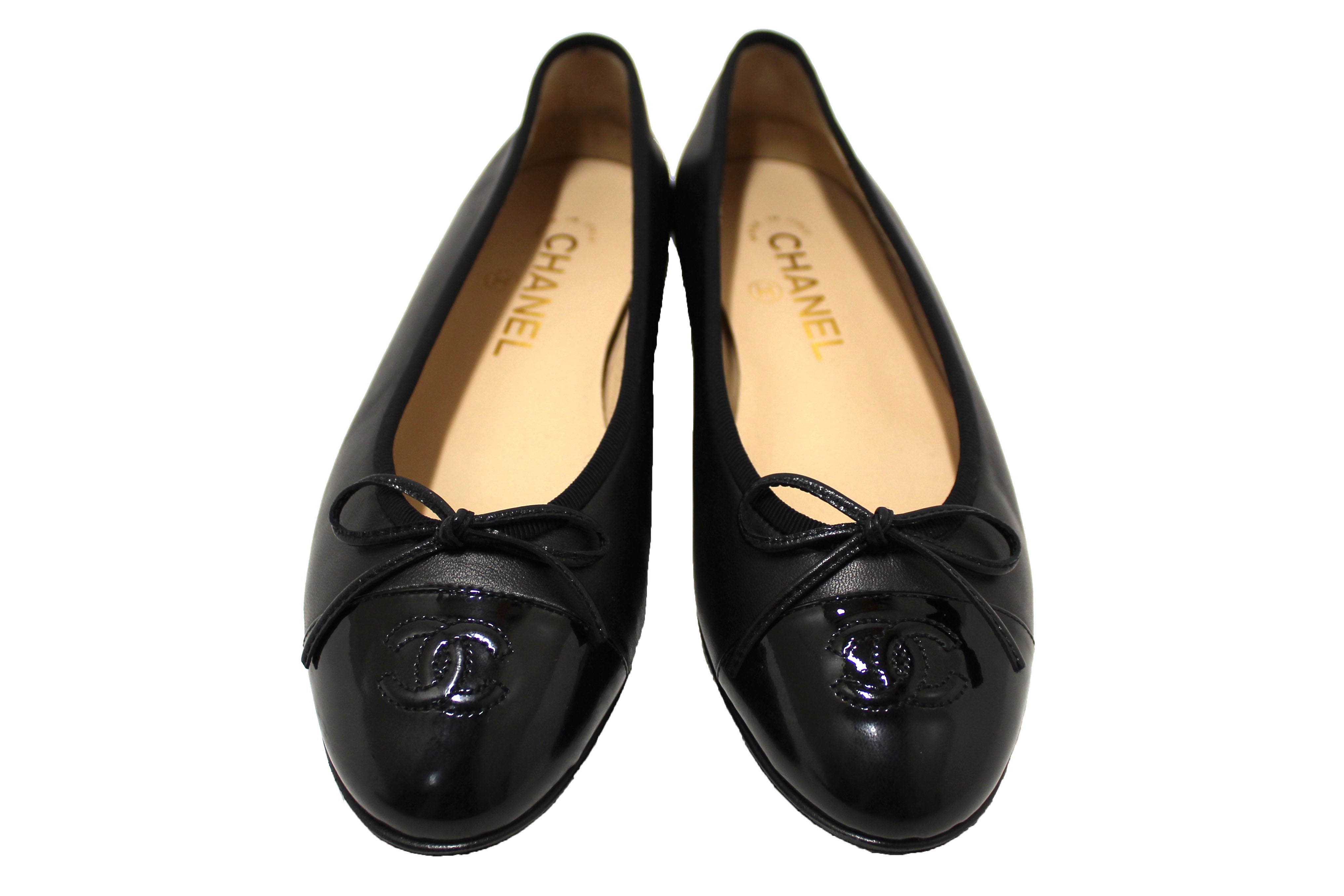 Authentic Chanel Black Lambskin & Patent Calfskin Ballet Flats Size 37