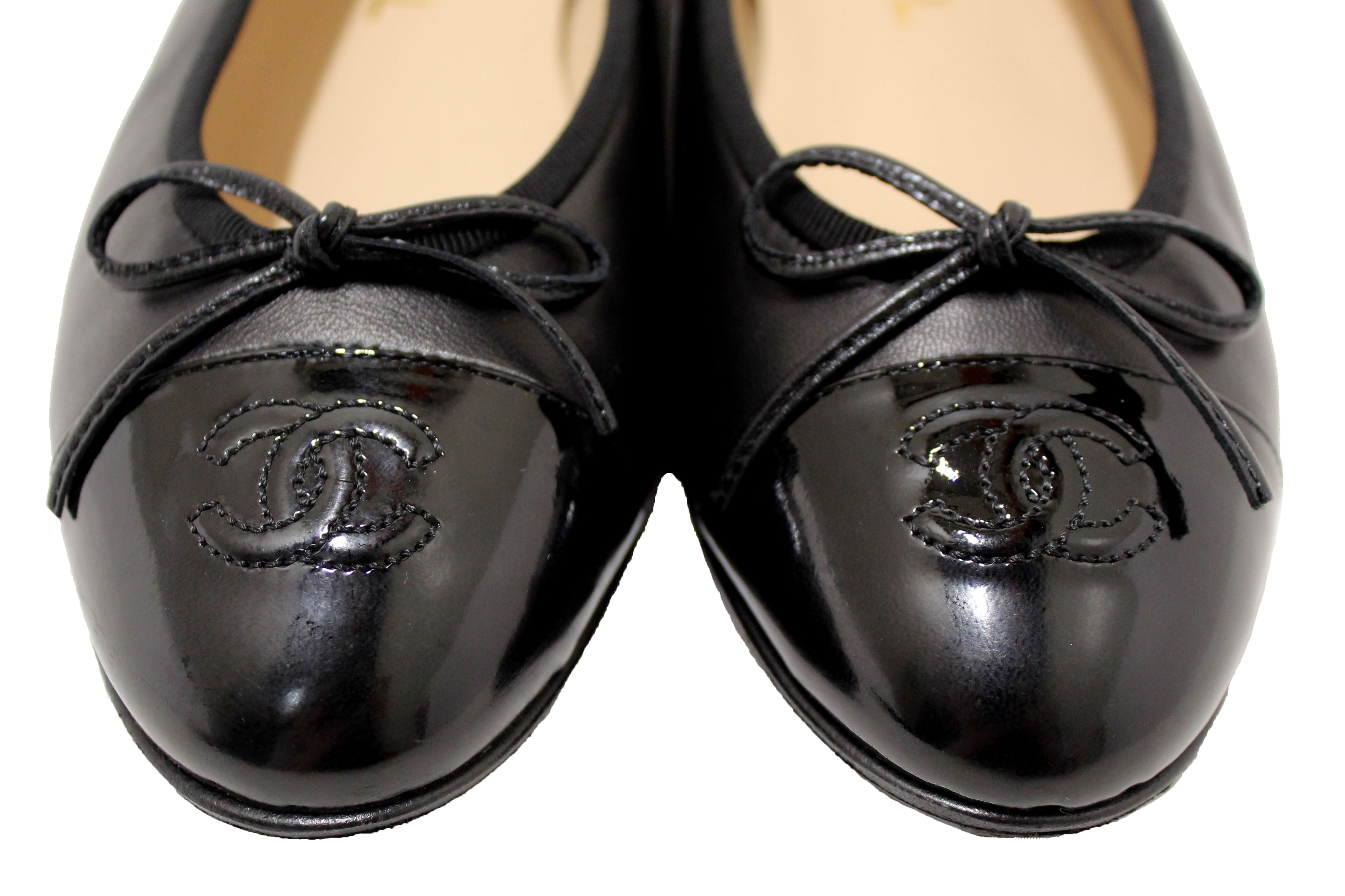 Authentic Chanel Black Lambskin & Patent Calfskin Ballet Flats Size 37