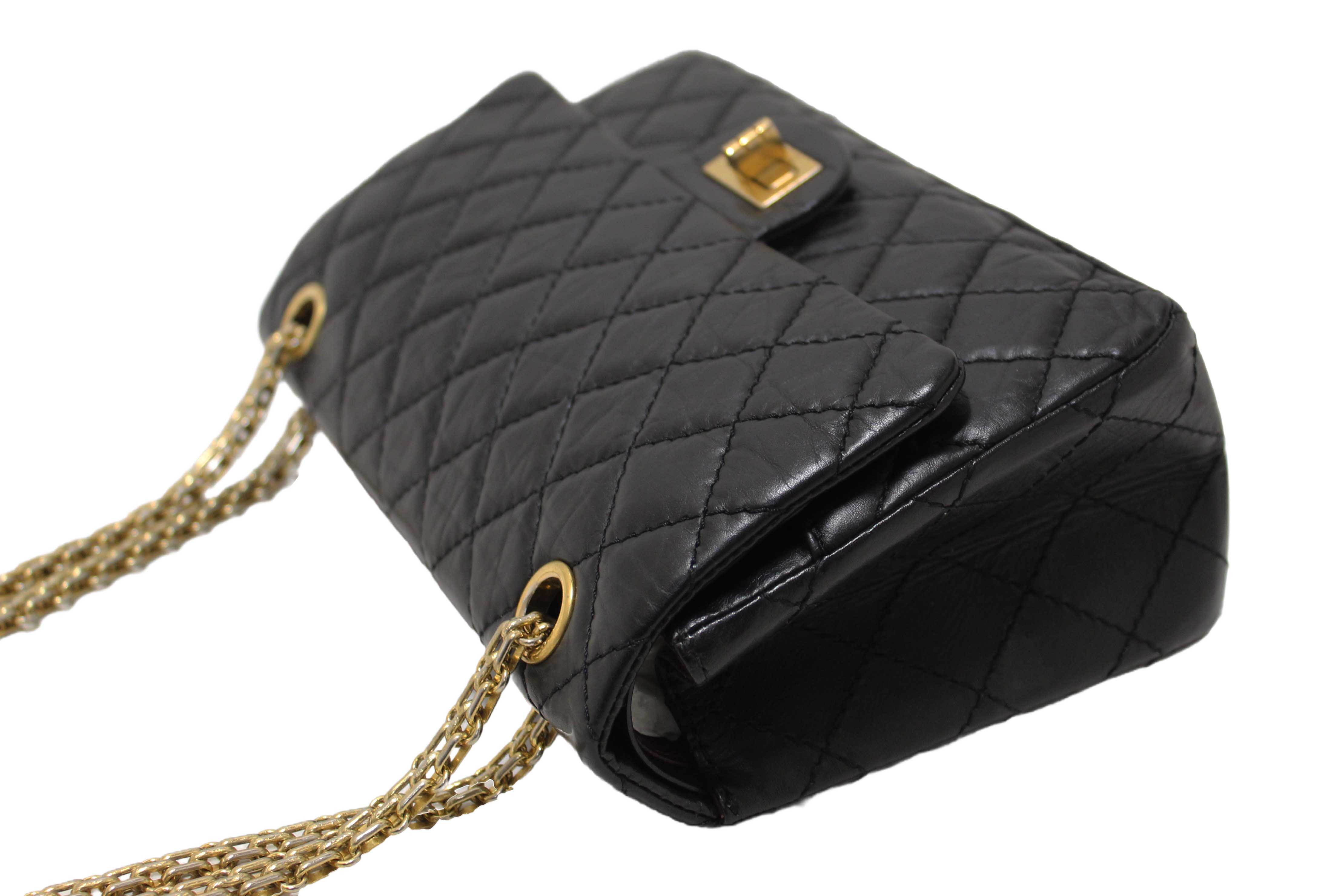 Authentic Chanel Classic Black Aged Calfskin Leather Reissue 2.55 Double Flap Bag