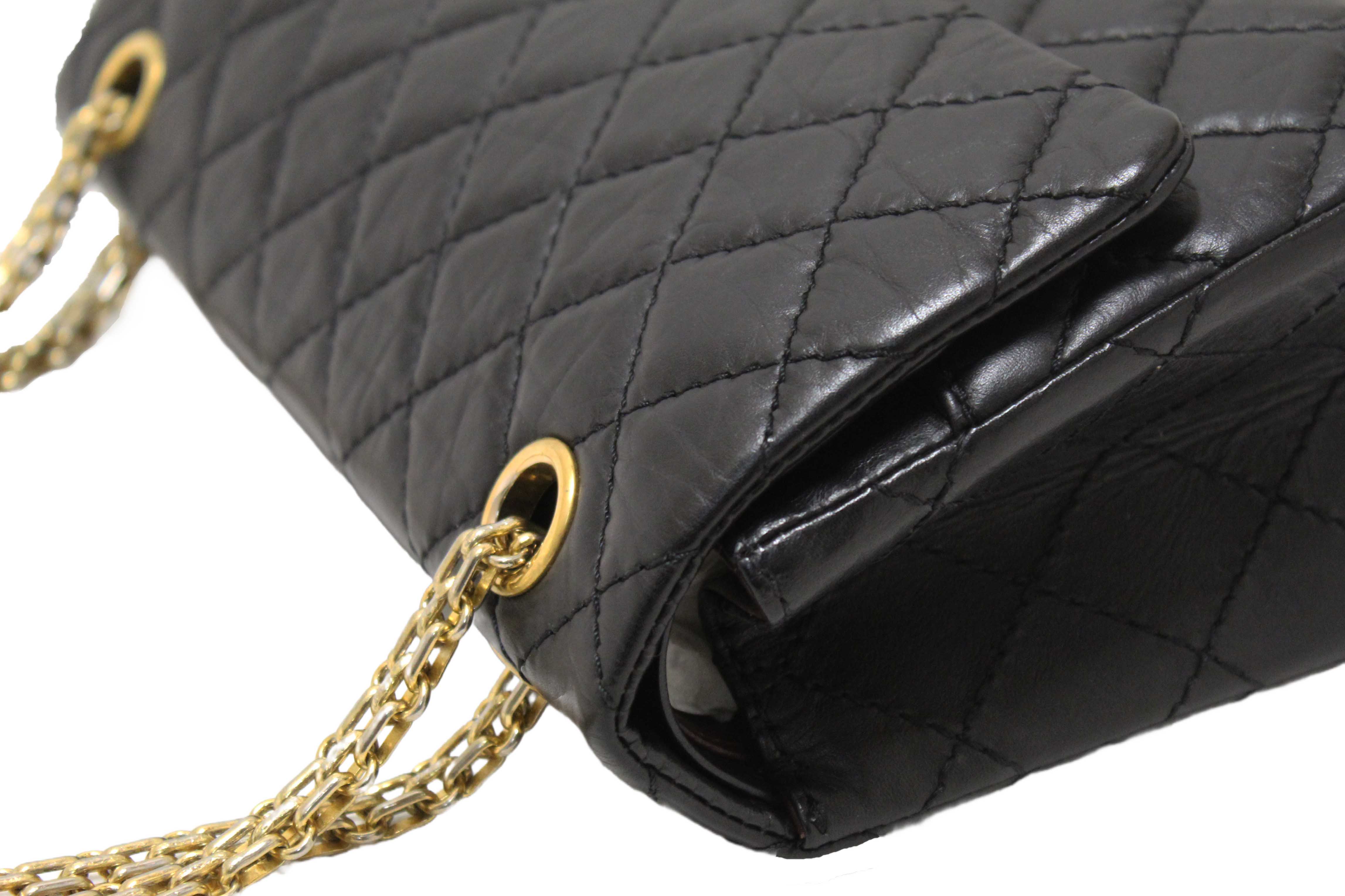 Authentic Chanel Classic Black Aged Calfskin Leather Reissue 2.55 Double Flap Bag