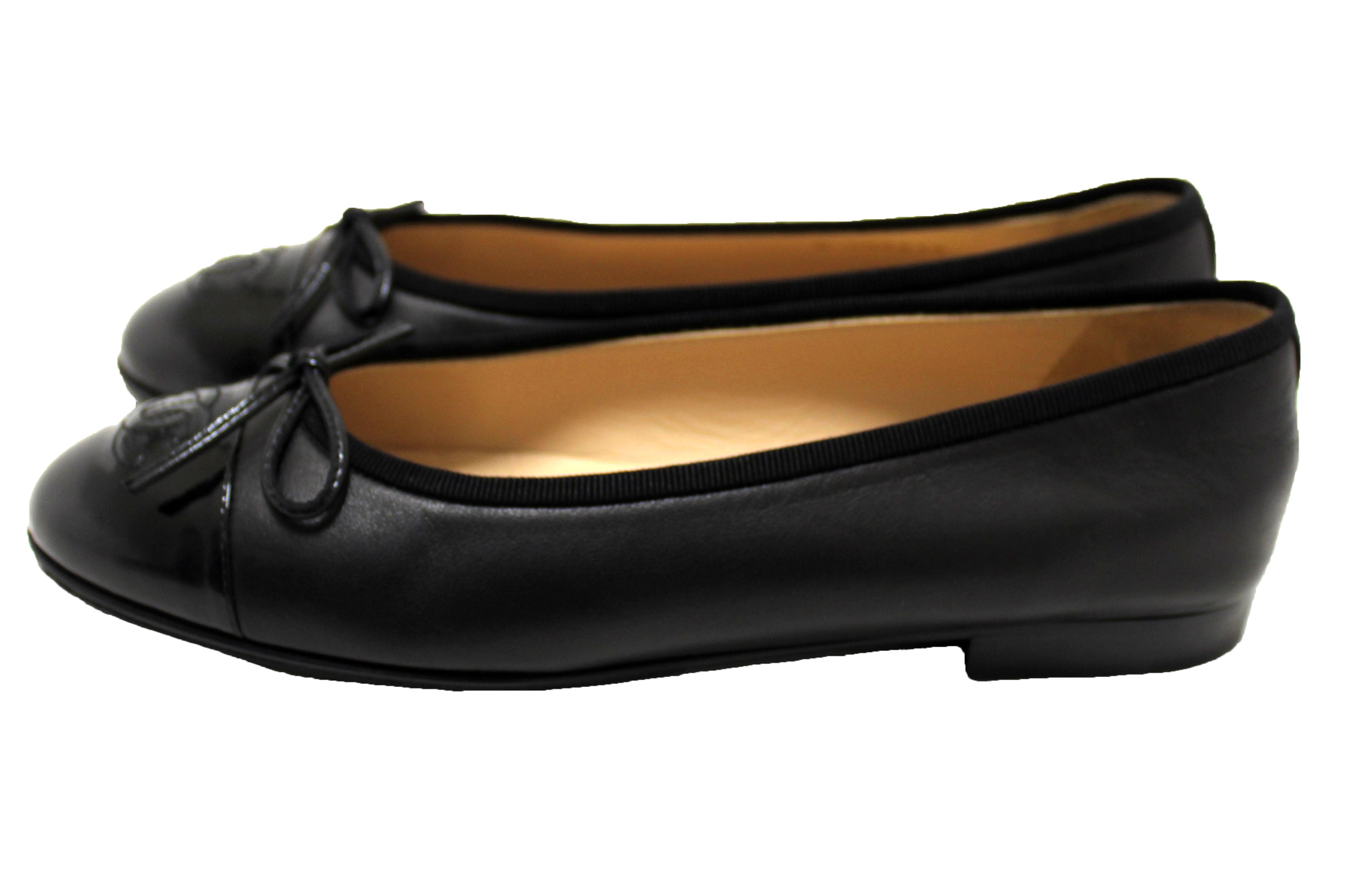 Authentic Chanel Black Lambskin & Patent Calfskin Ballet Flats Size 37