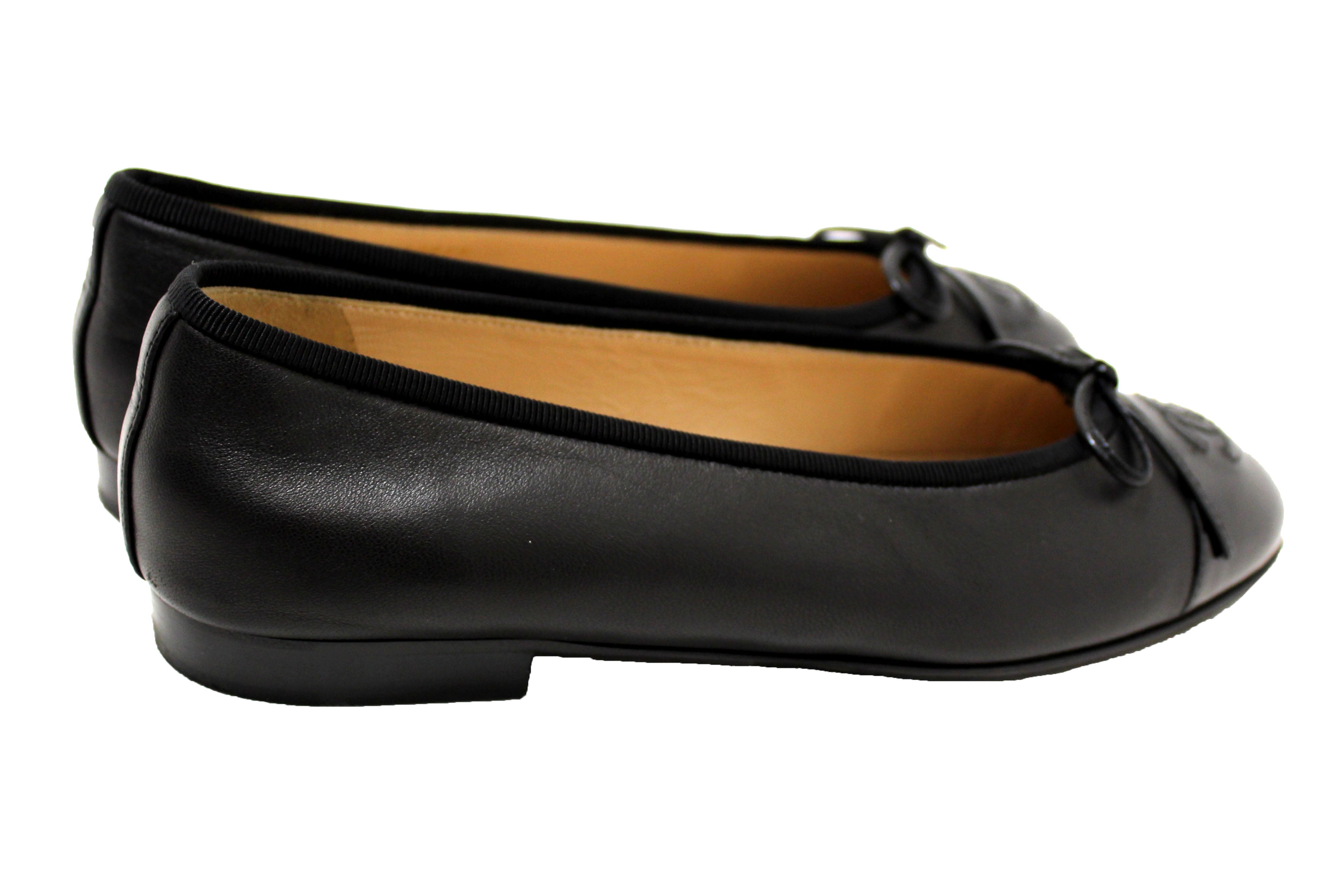 Authentic Chanel Black Lambskin & Patent Calfskin Ballet Flats Size 37