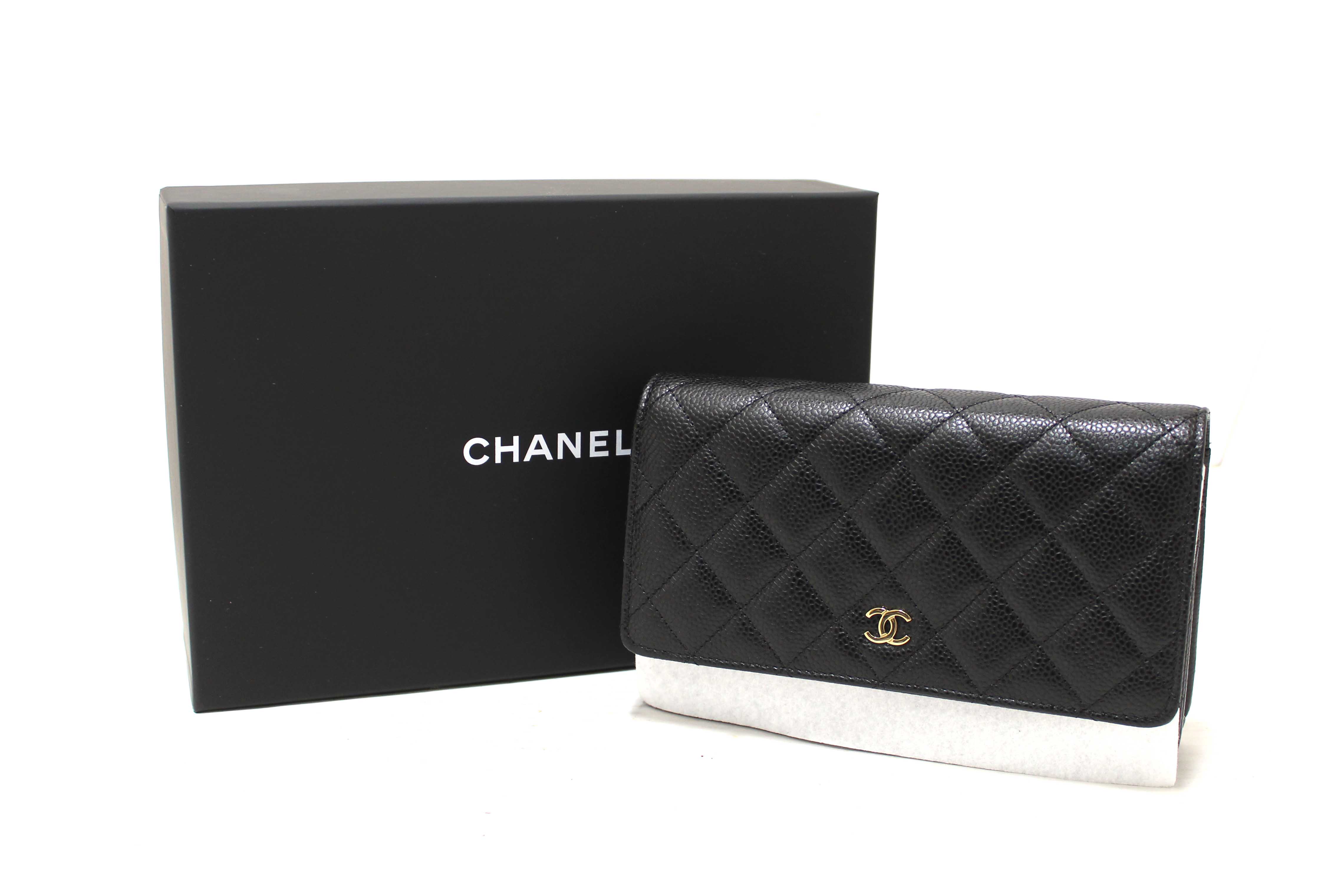 Authentic Chanel Black Quilted Caviar Leather Wallet On Chain WOC Messenger Bag