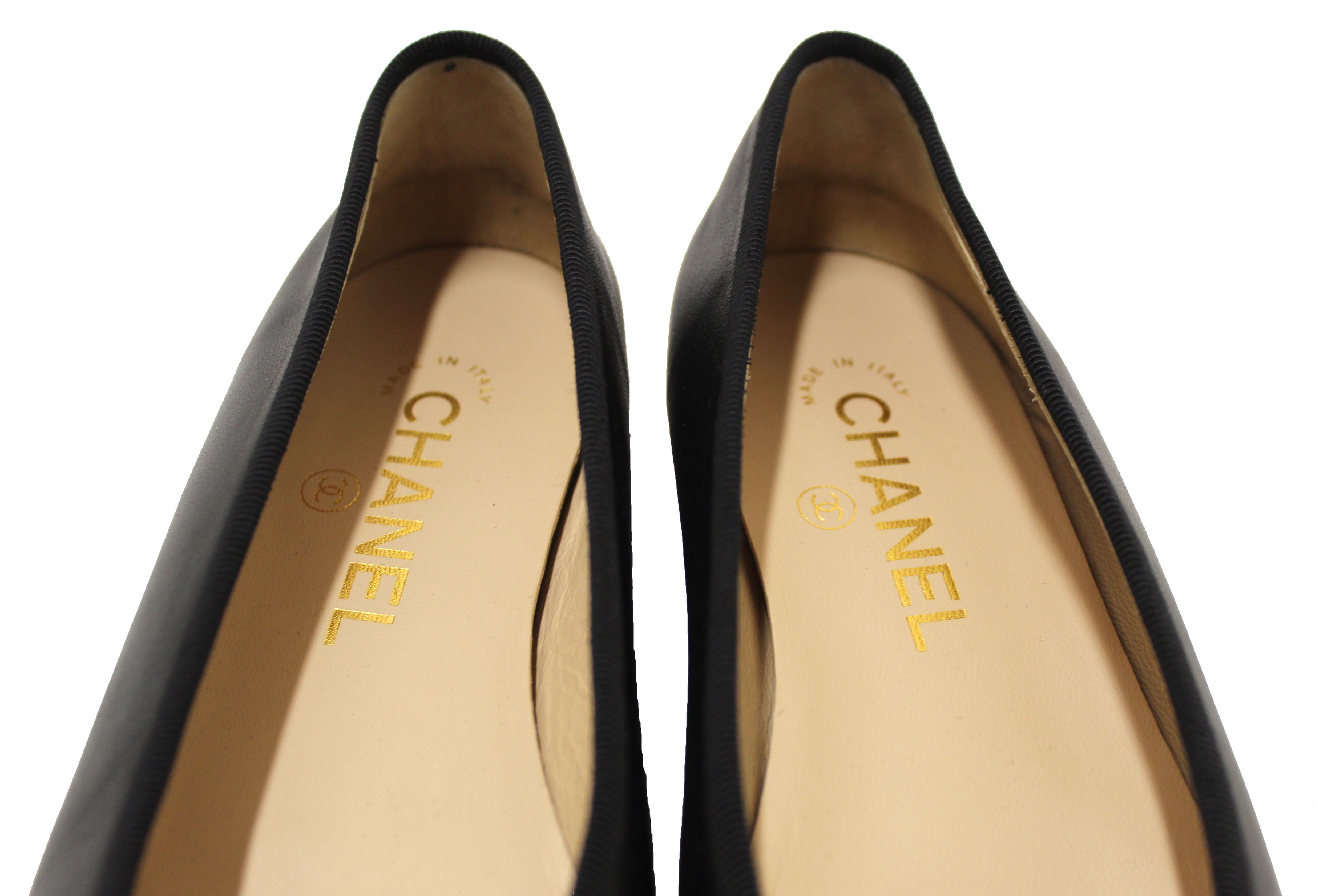 Authentic Chanel Black Lambskin & Patent Calfskin Ballet Flats Size 37