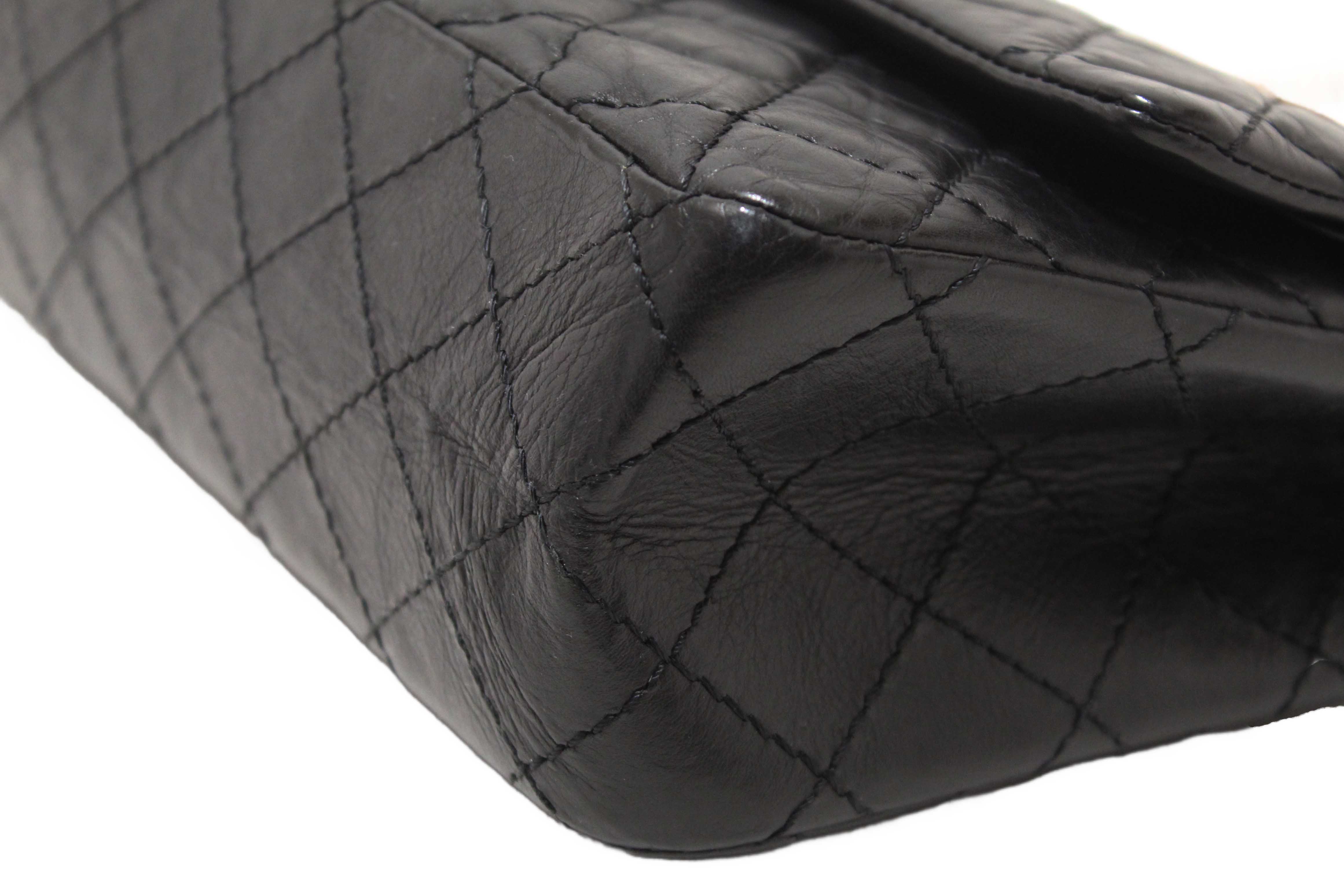 Authentic Chanel Classic Black Aged Calfskin Leather Reissue 2.55 Double Flap Bag