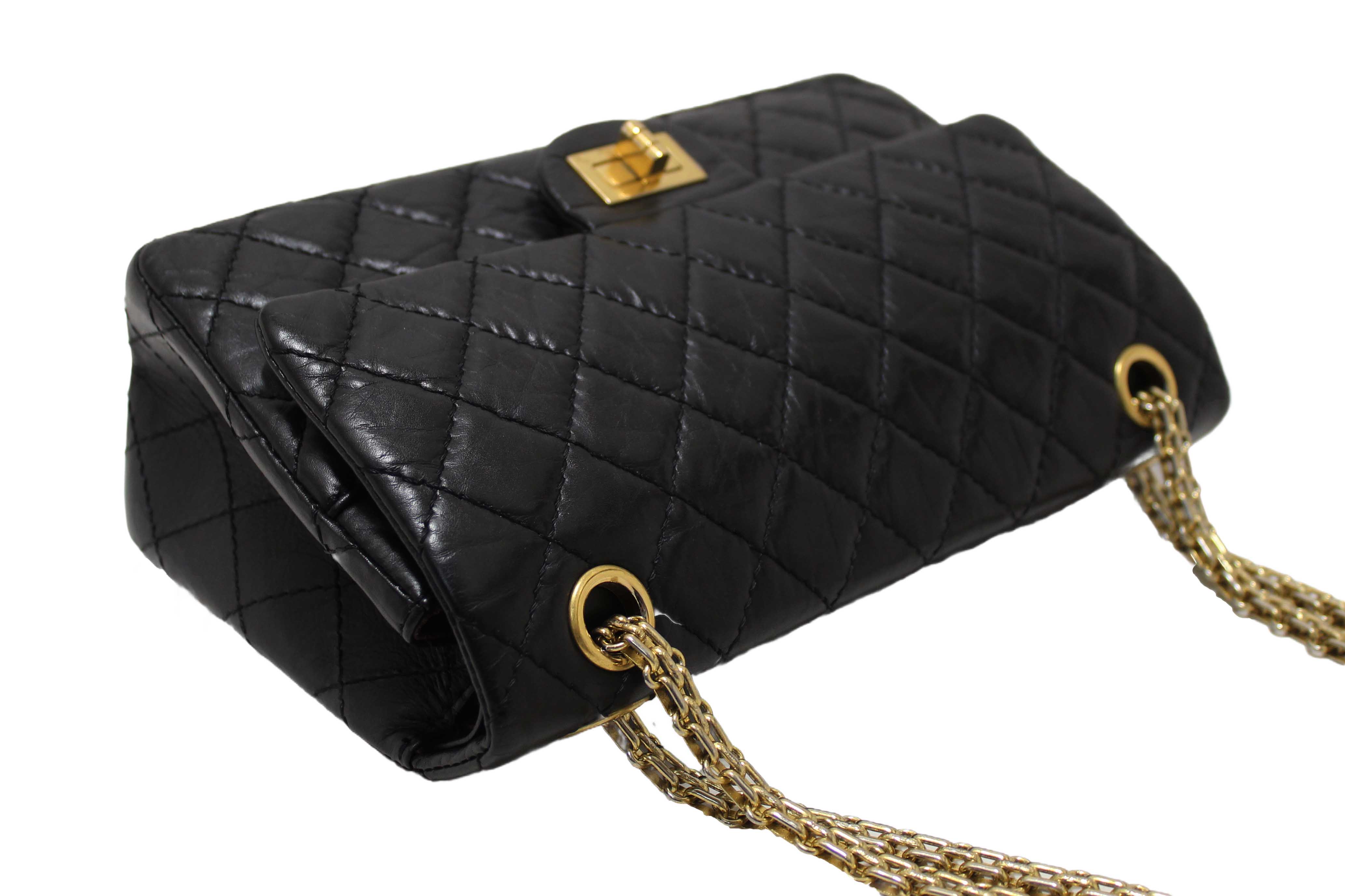 Authentic Chanel Classic Black Aged Calfskin Leather Reissue 2.55 Double Flap Bag