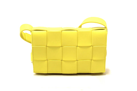 Authentic Bottega Veneta Yellow Intreccio Lambskin Leather Small Cassette Crossbody Bag
