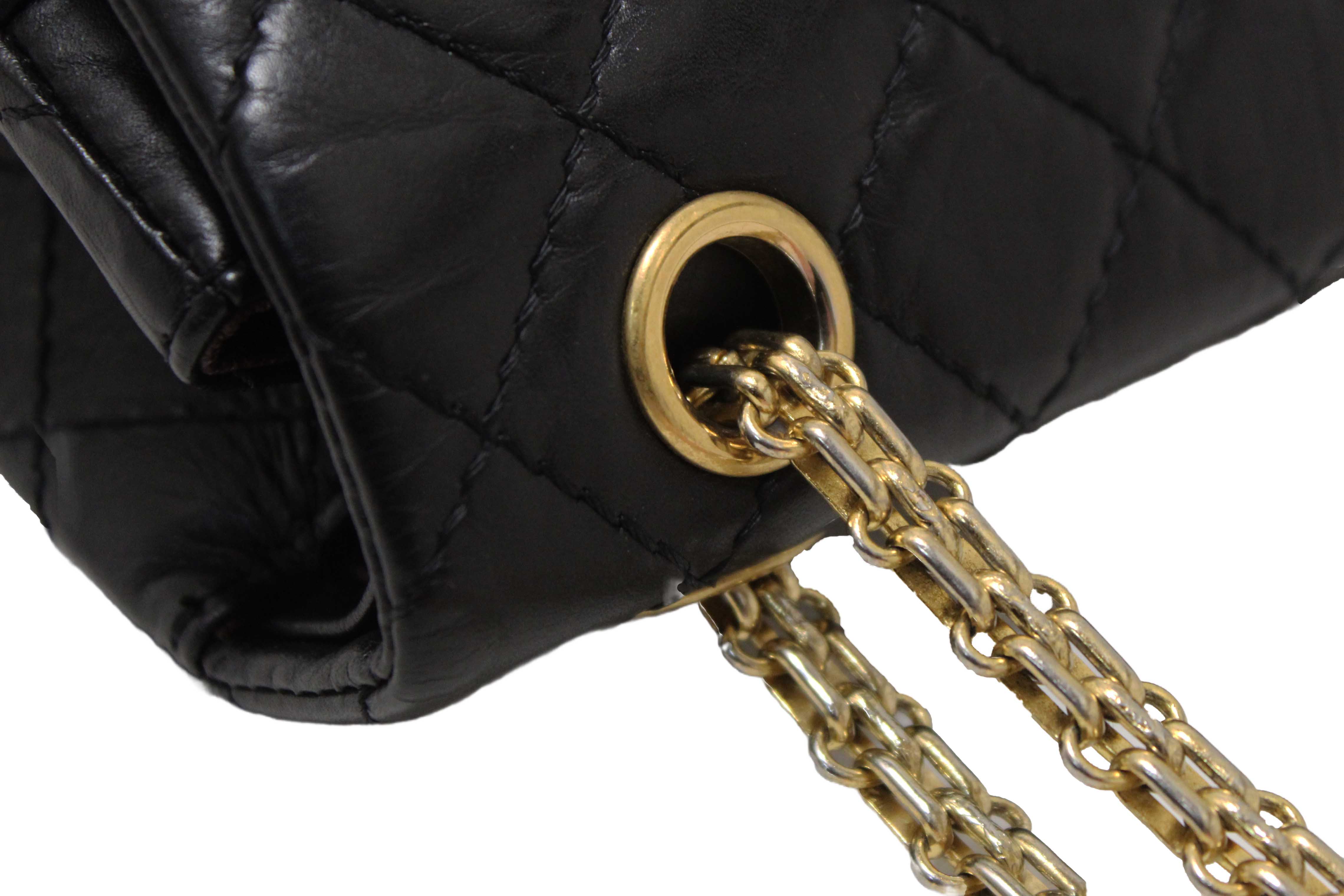 Authentic Chanel Classic Black Aged Calfskin Leather Reissue 2.55 Double Flap Bag