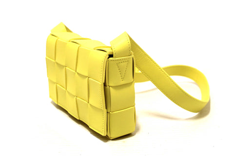Authentic Bottega Veneta Yellow Intreccio Lambskin Leather Small Cassette Crossbody Bag