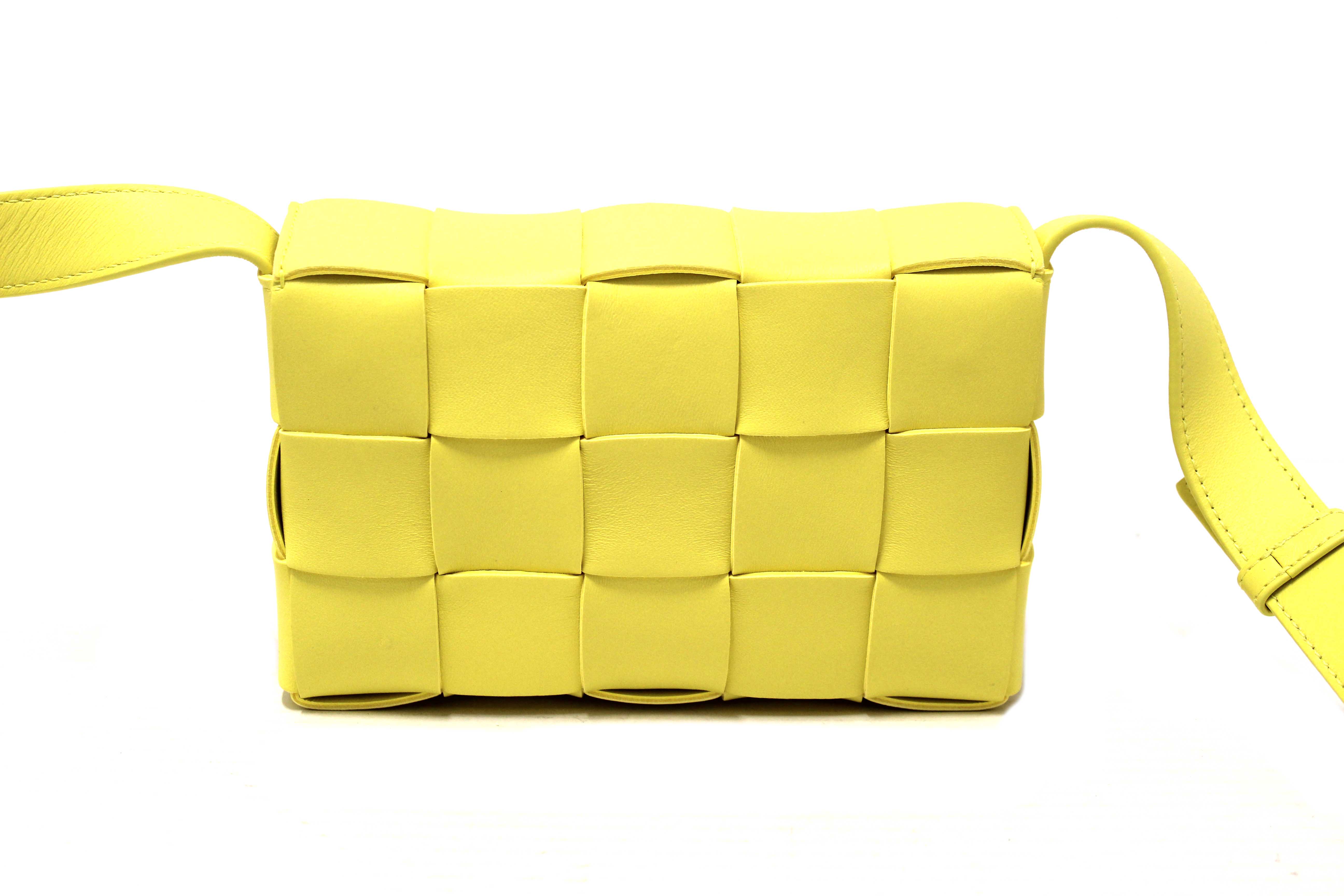 Authentic Bottega Veneta Yellow Intreccio Lambskin Leather Small Cassette Crossbody Bag