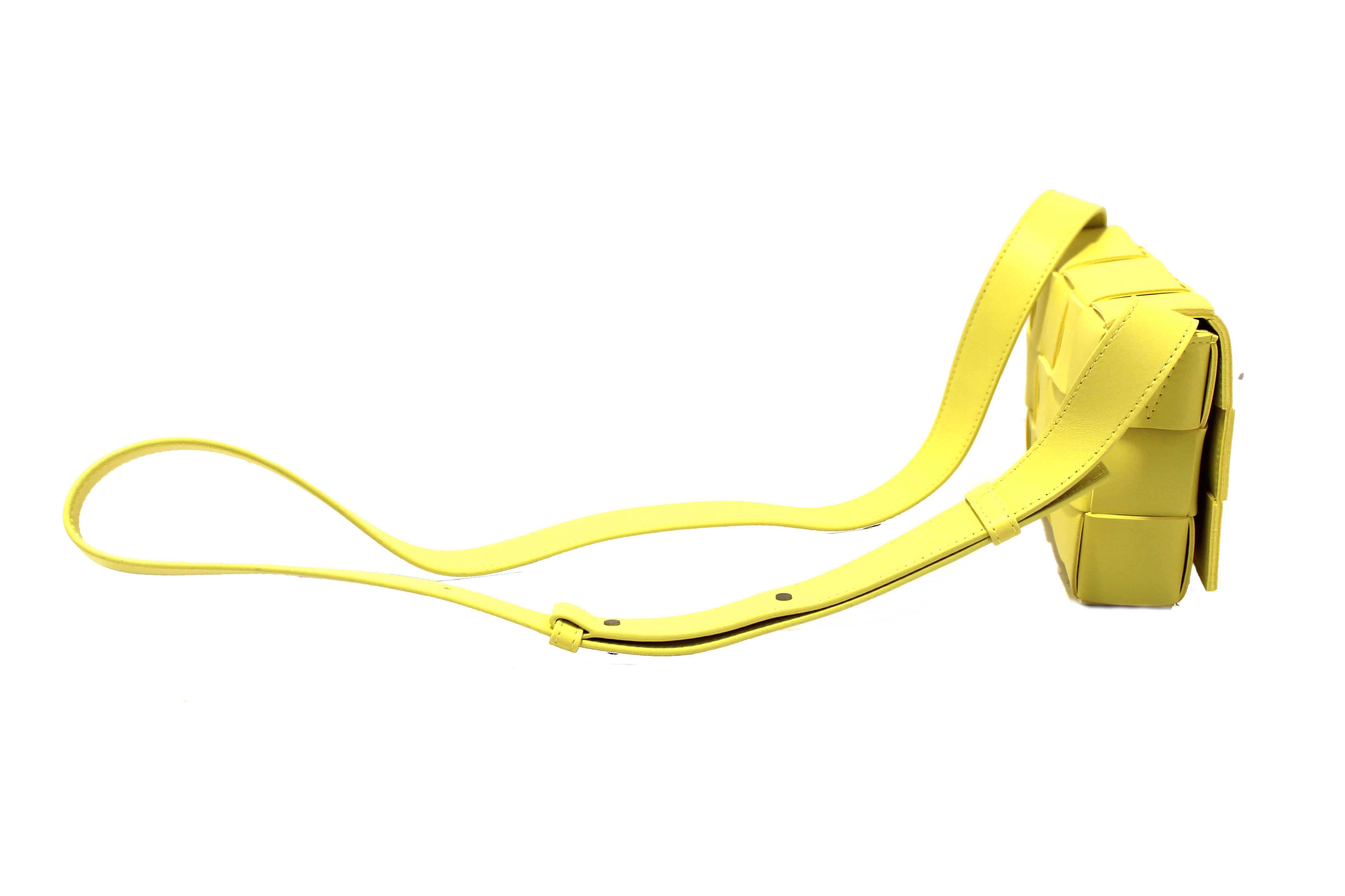 Authentic Bottega Veneta Yellow Intreccio Lambskin Leather Small Cassette Crossbody Bag