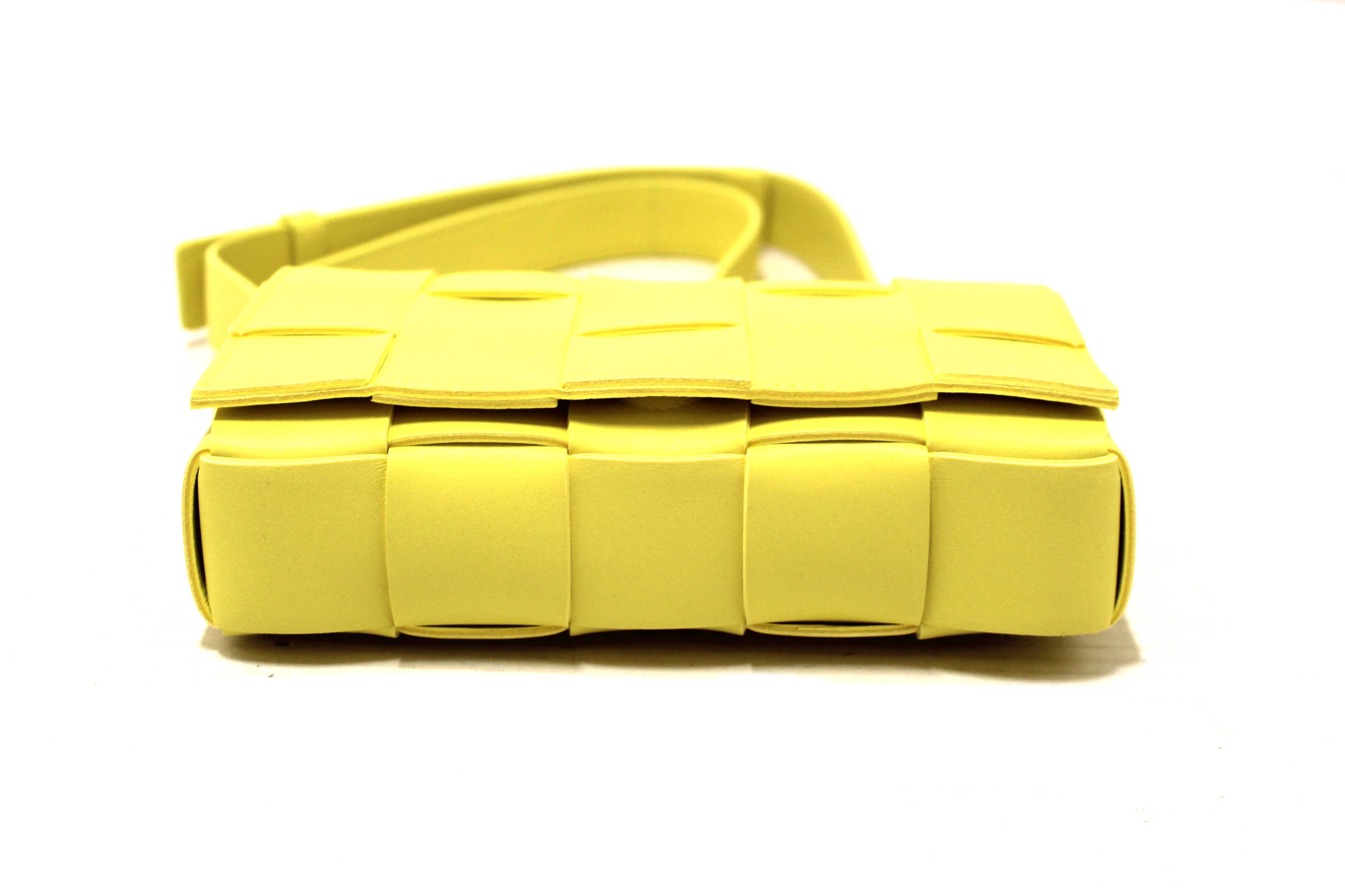 Authentic Bottega Veneta Yellow Intreccio Lambskin Leather Small Cassette Crossbody Bag