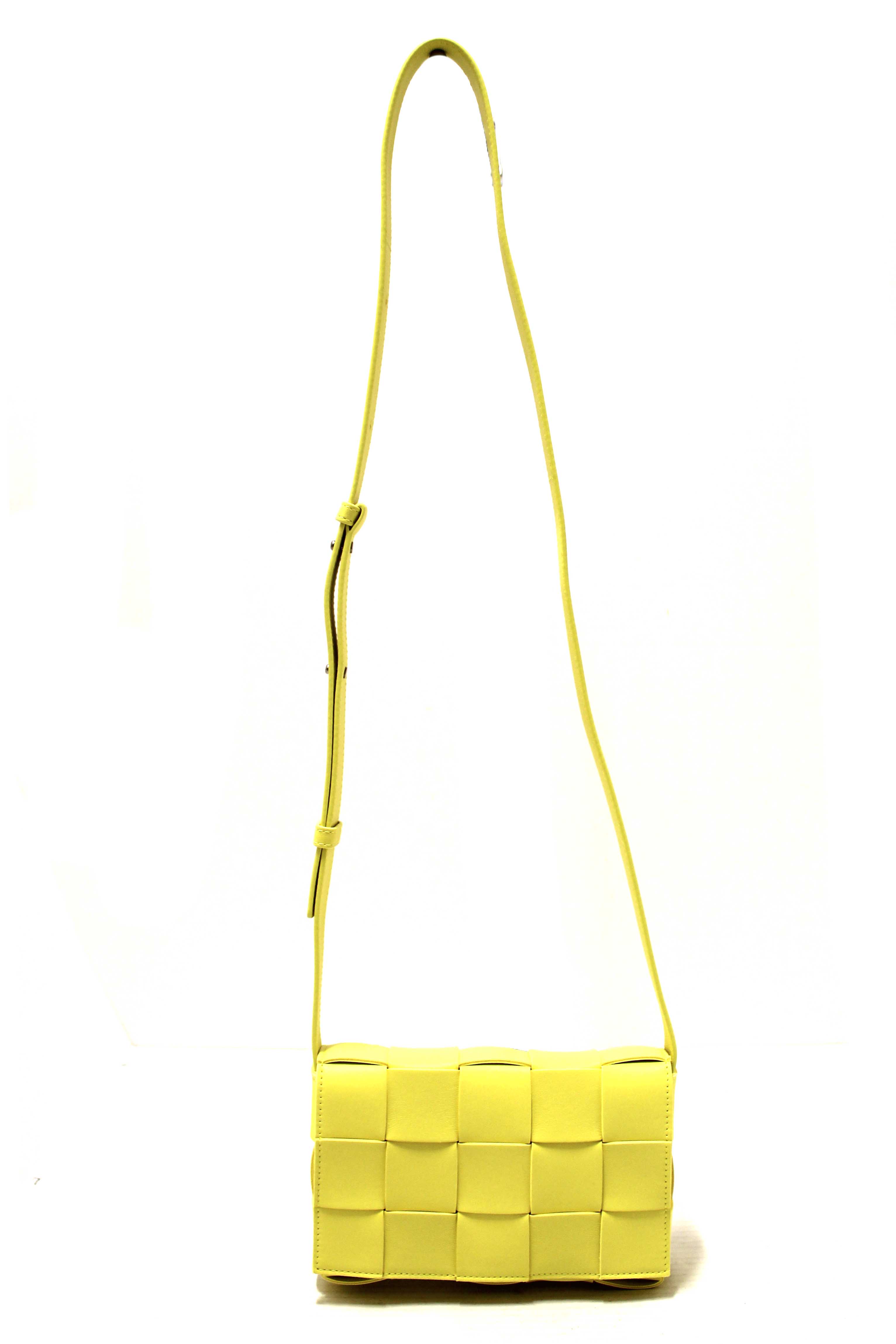 Authentic Bottega Veneta Yellow Intreccio Lambskin Leather Small Cassette Crossbody Bag
