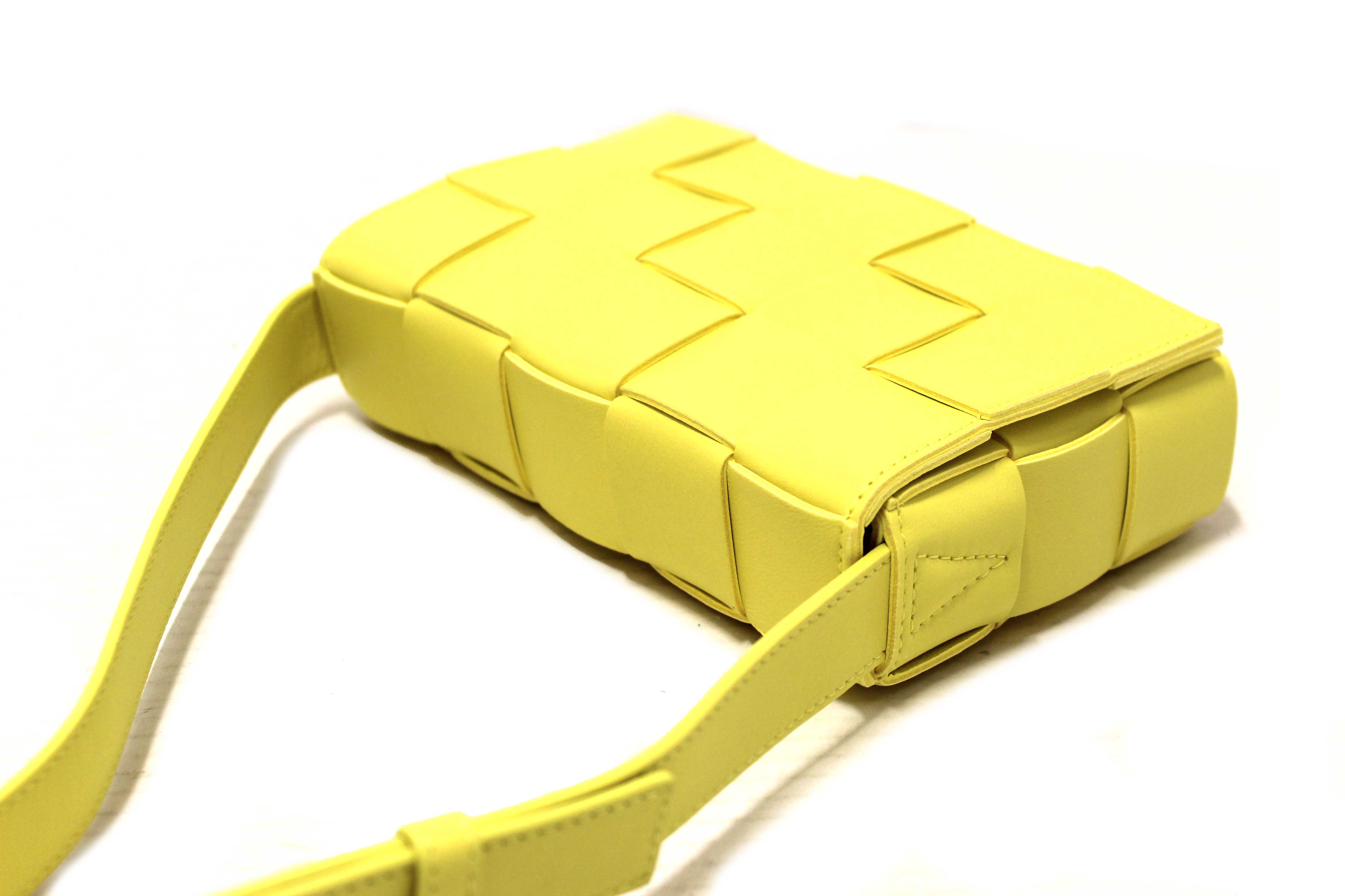 Authentic Bottega Veneta Yellow Intreccio Lambskin Leather Small Cassette Crossbody Bag