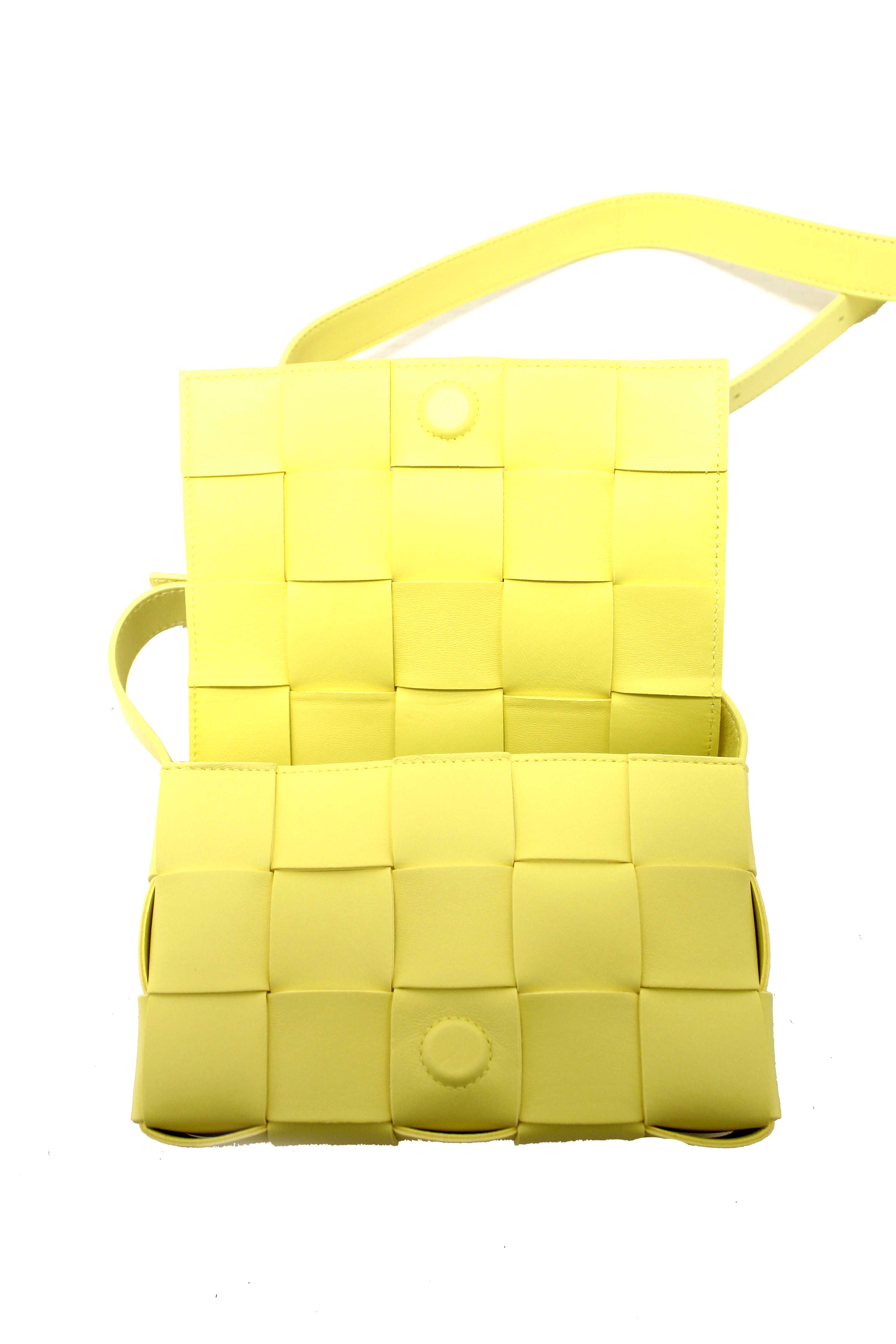 Authentic Bottega Veneta Yellow Intreccio Lambskin Leather Small Cassette Crossbody Bag
