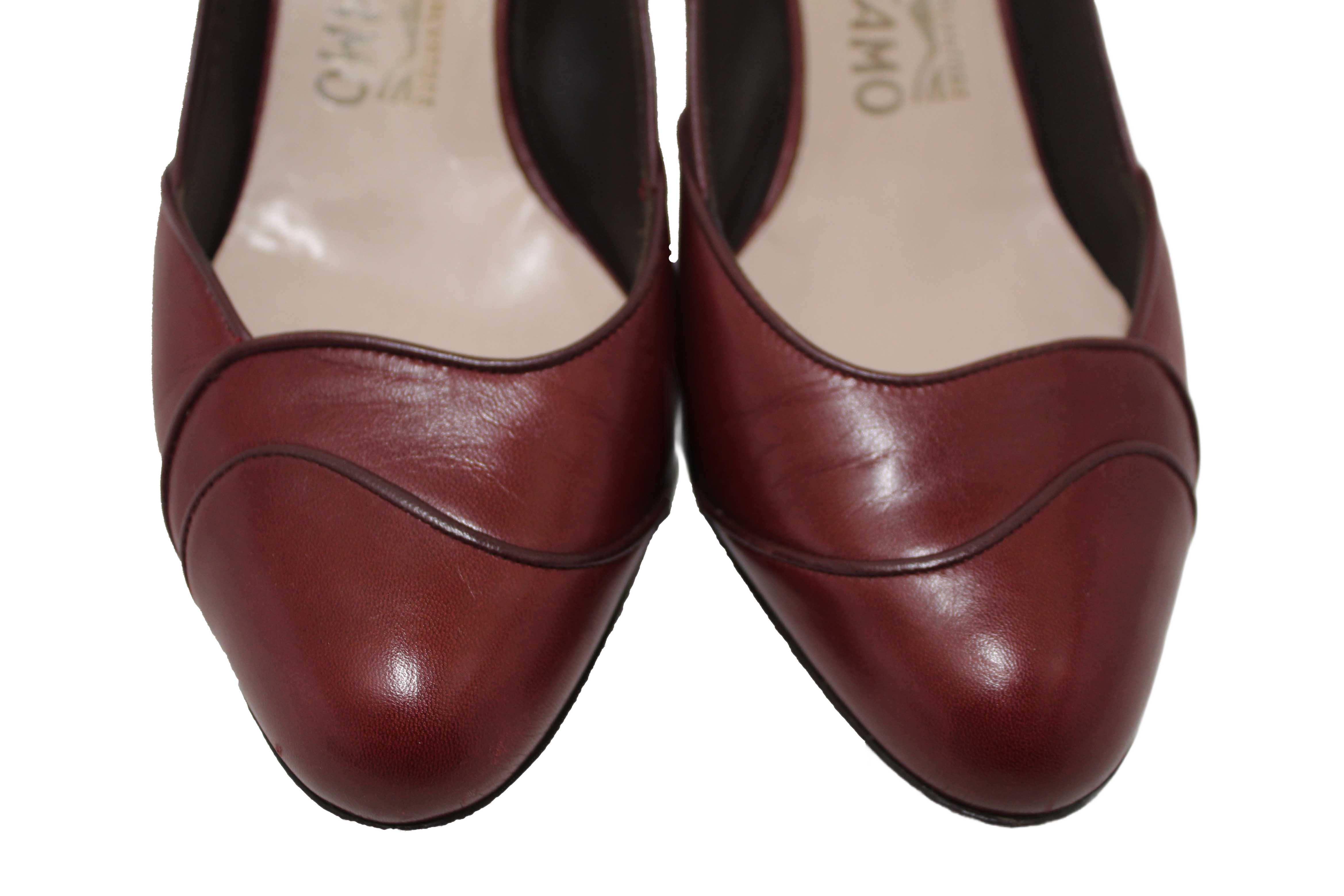 Authentic Salvatore Ferragamo Burgandy Leather Matilde Pointed Pumps Size 7C