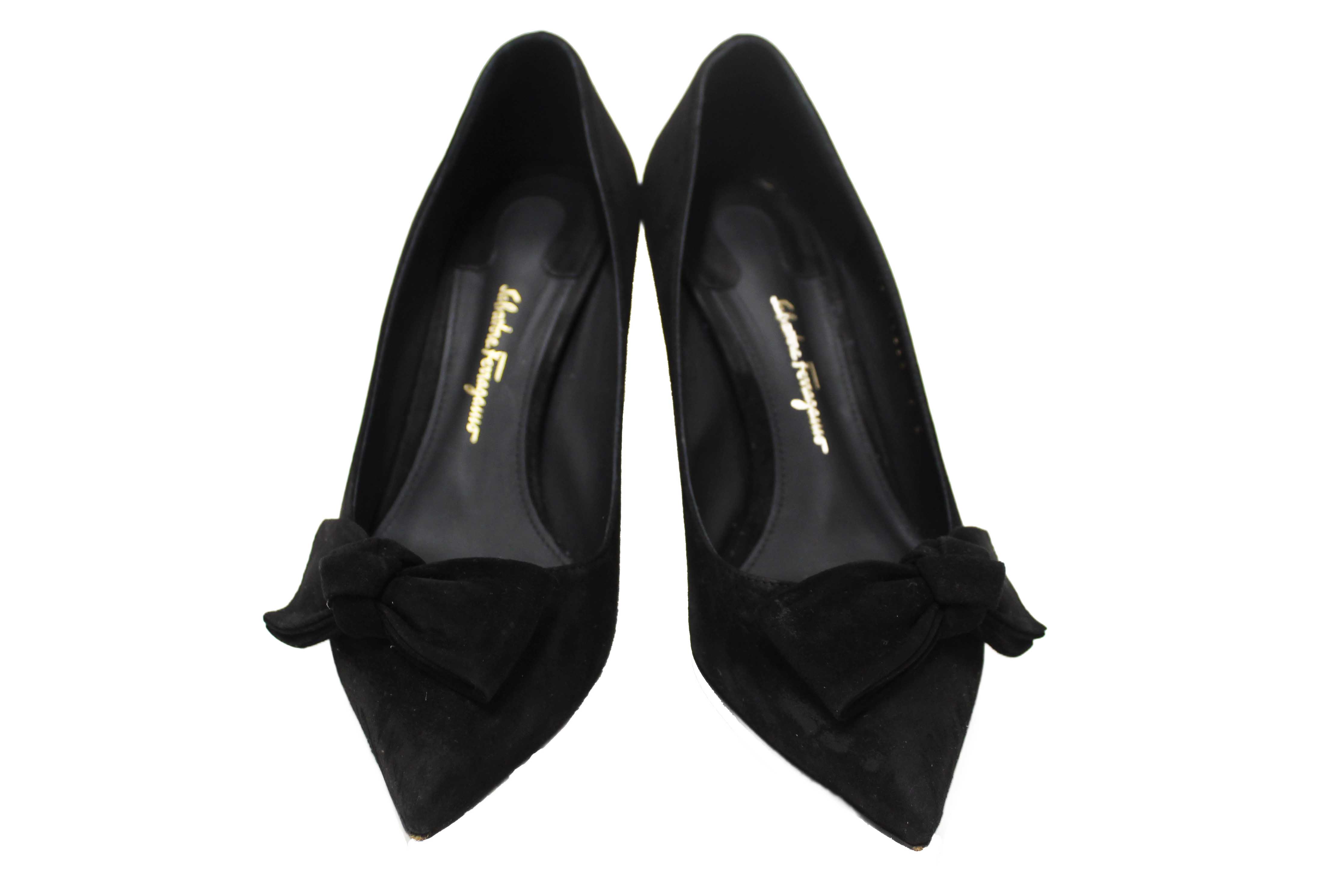 Authentic Salvatore Ferragamo Black Suede Garlate Block Heel Pump Size 7C