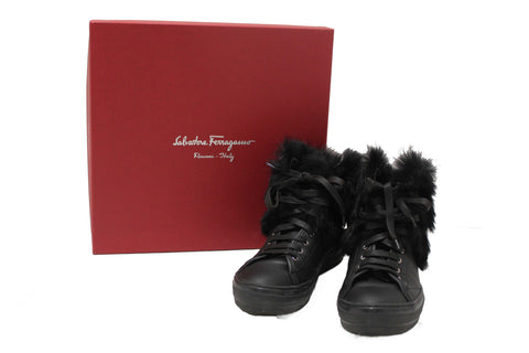 Authentic Salvatore Ferragamo Black Leather Nisia Wint Fur Trim Sneakers Size 37