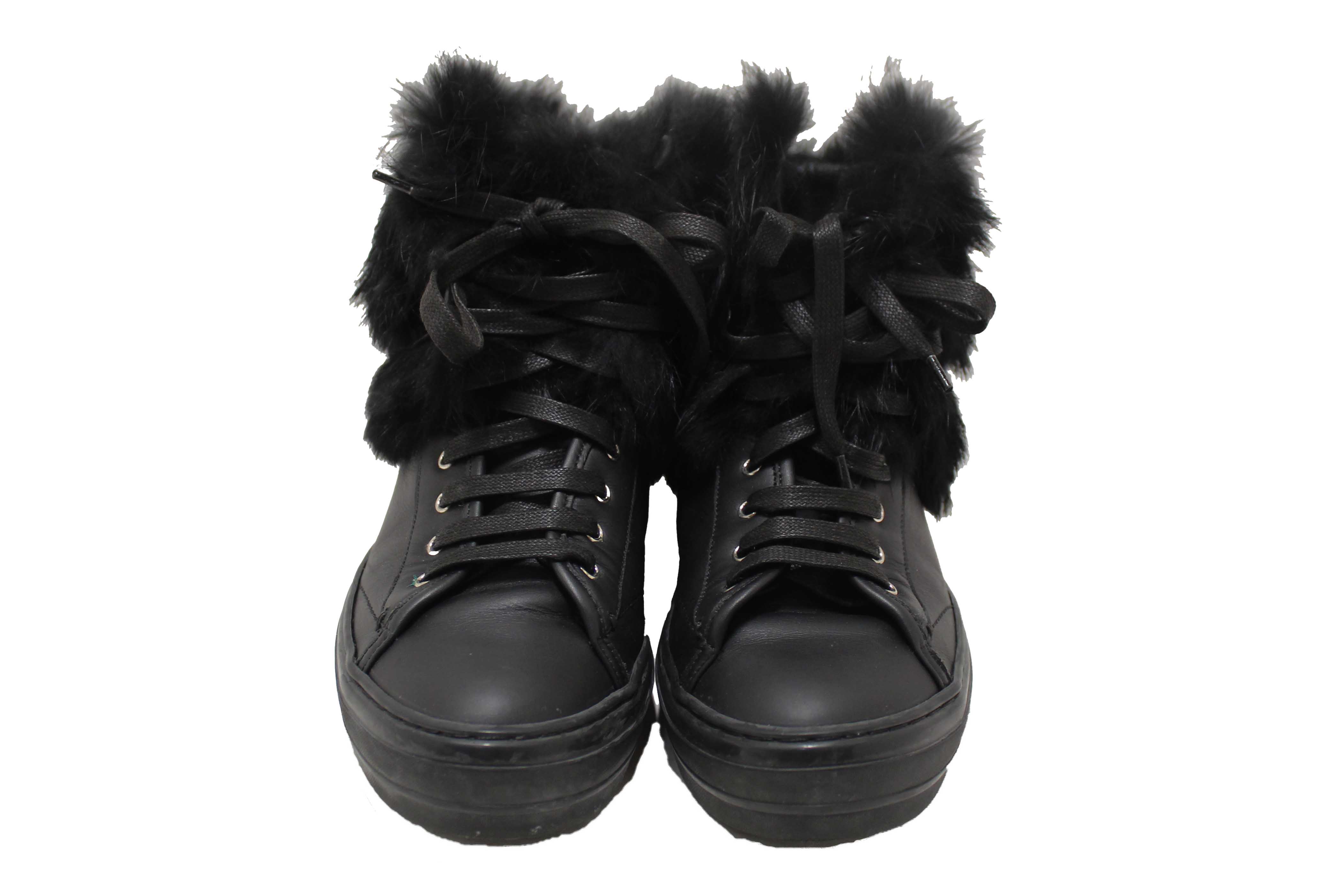 Authentic Salvatore Ferragamo Black Leather Nisia Wint Fur Trim Sneakers Size 37