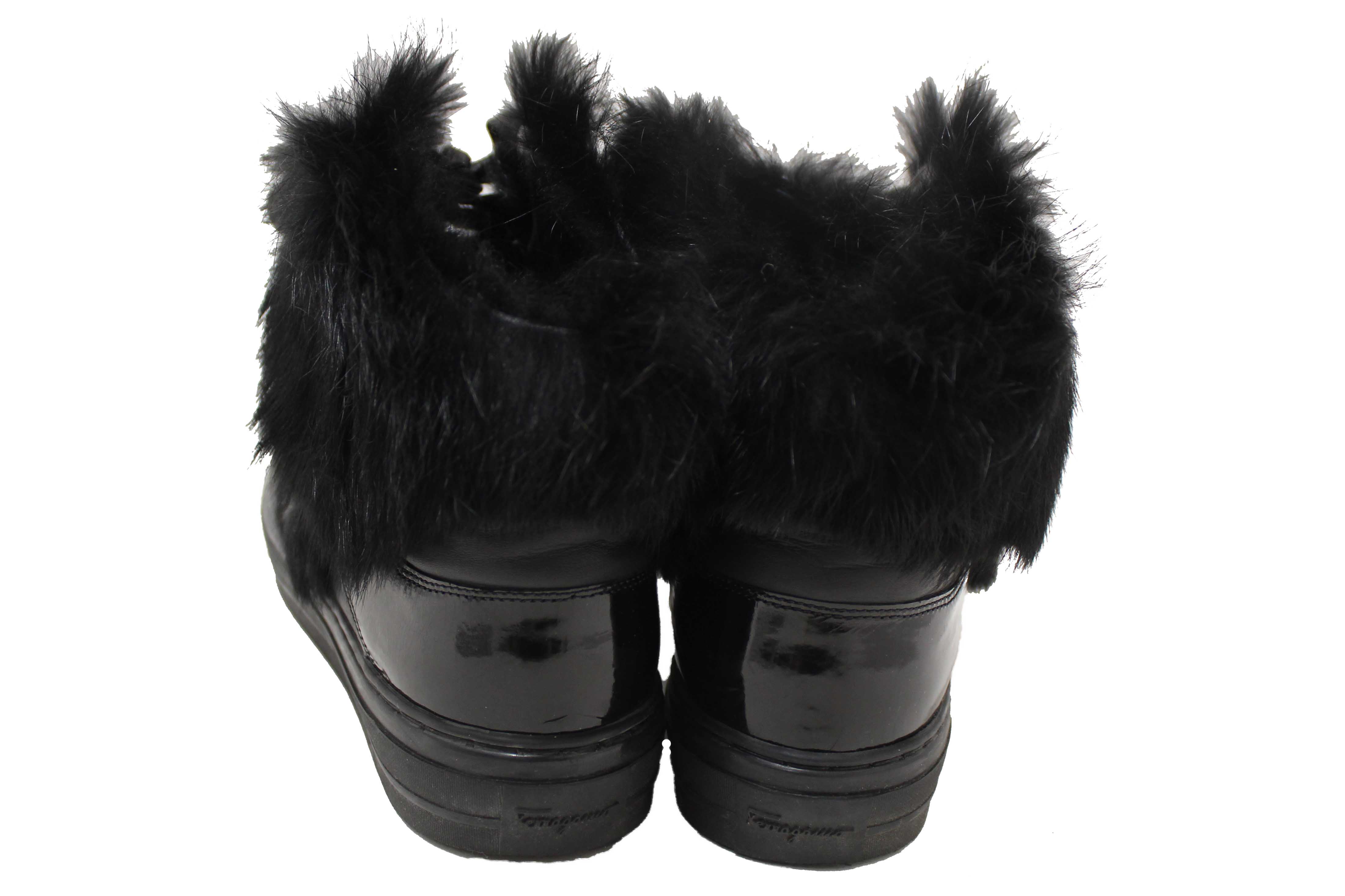 Authentic Salvatore Ferragamo Black Leather Nisia Wint Fur Trim Sneakers Size 37