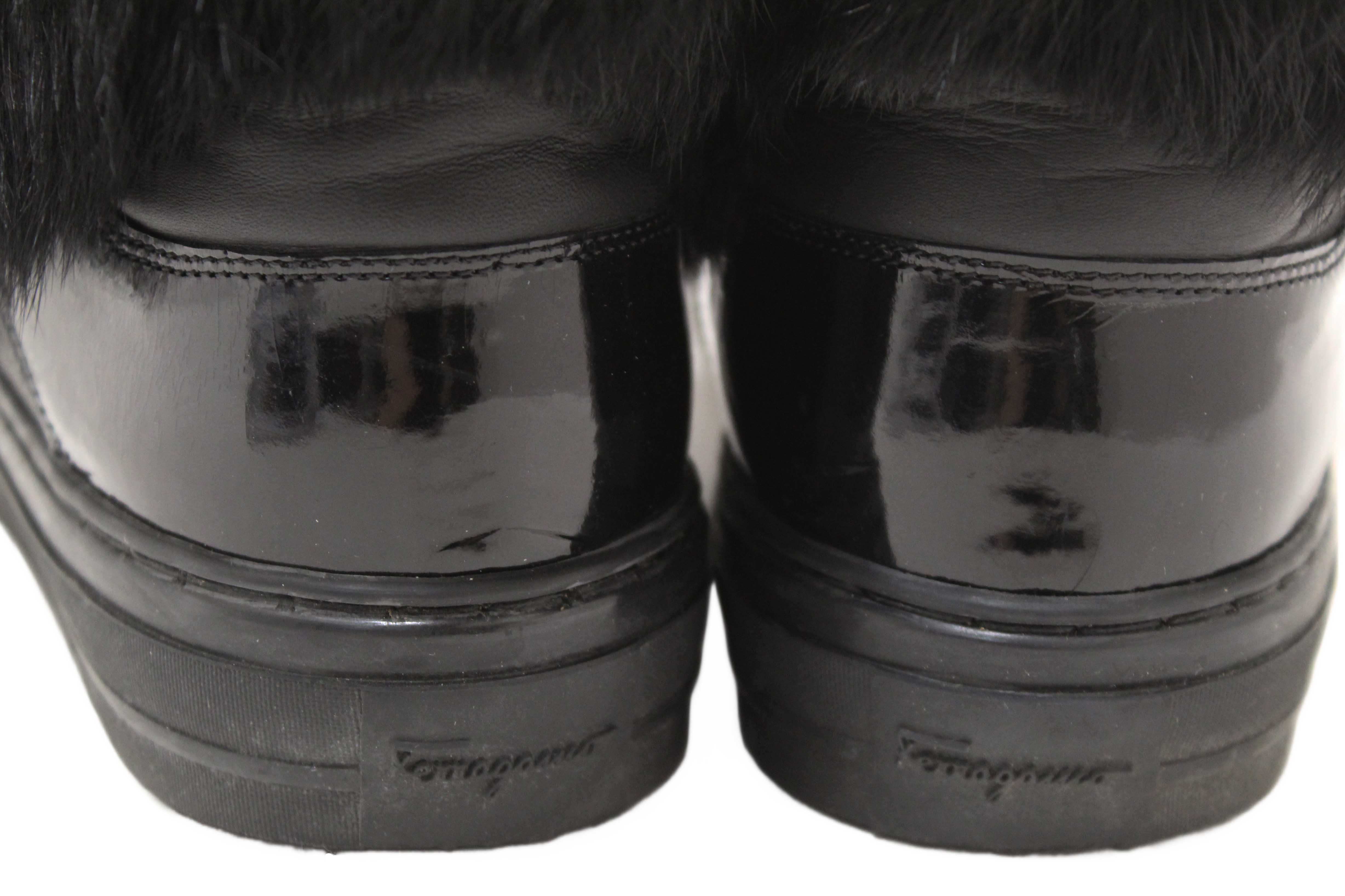 Authentic Salvatore Ferragamo Black Leather Nisia Wint Fur Trim Sneakers Size 37