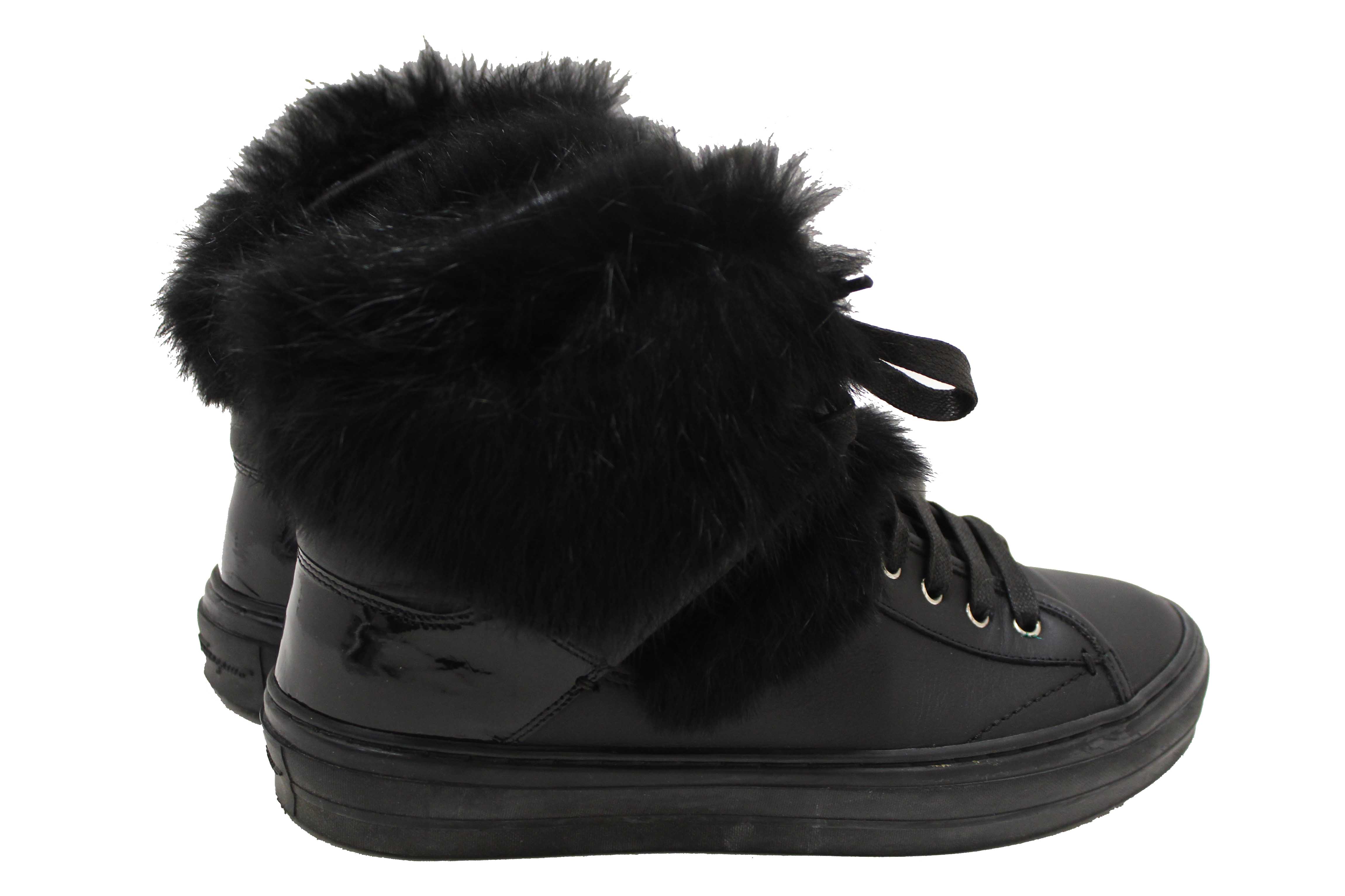 Authentic Salvatore Ferragamo Black Leather Nisia Wint Fur Trim Sneakers Size 37