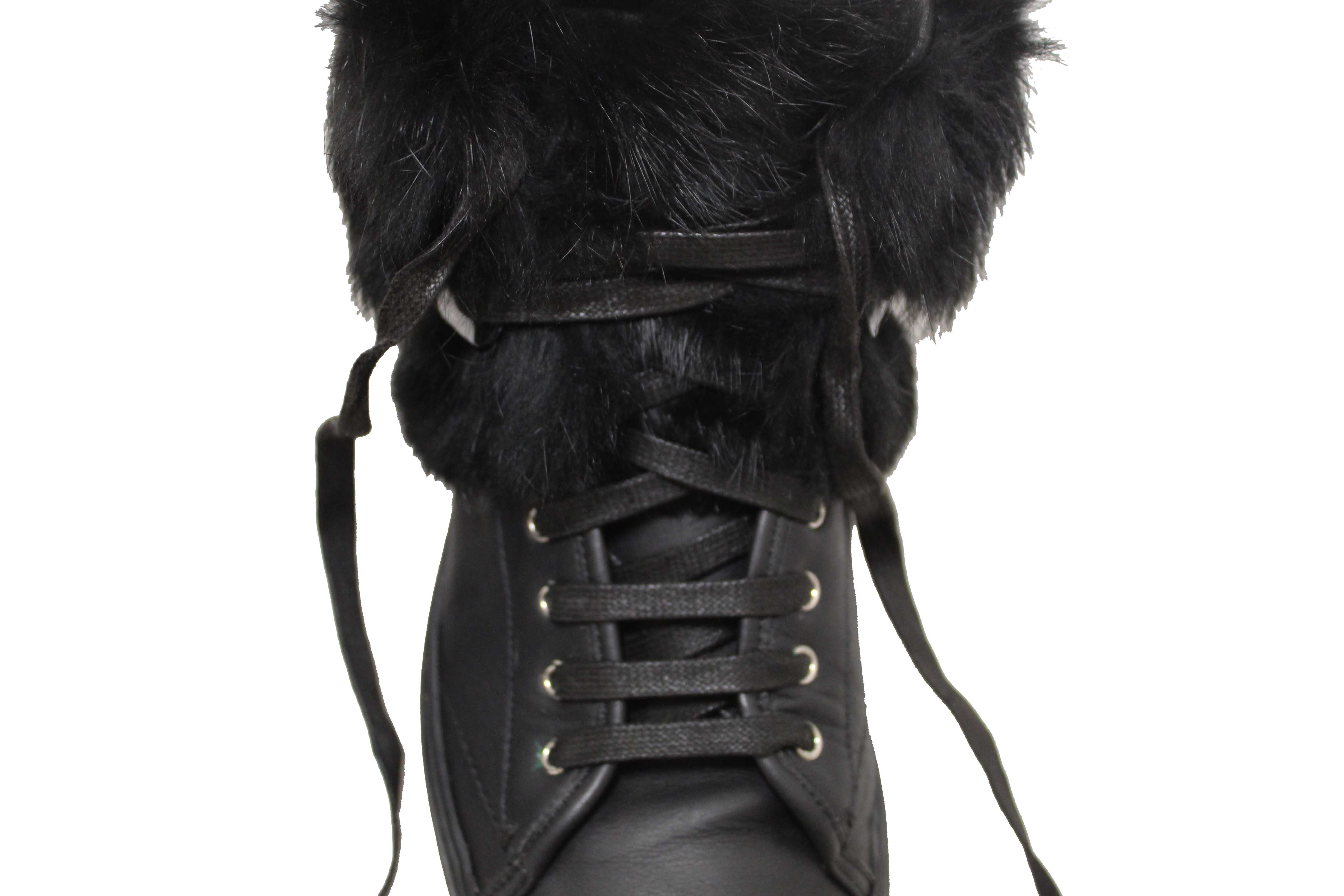 Authentic Salvatore Ferragamo Black Leather Nisia Wint Fur Trim Sneakers Size 37