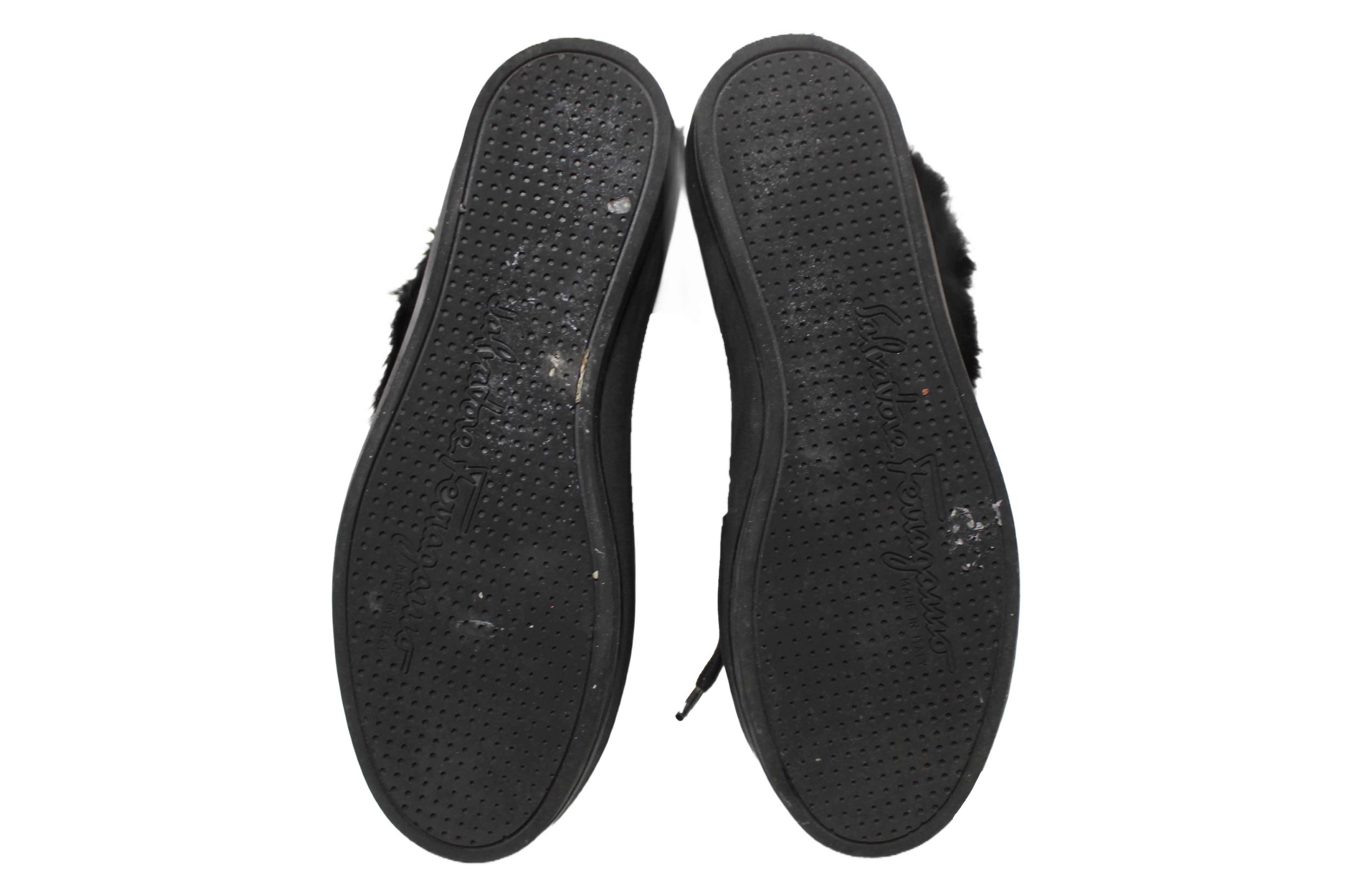 Authentic Salvatore Ferragamo Black Leather Nisia Wint Fur Trim Sneakers Size 37