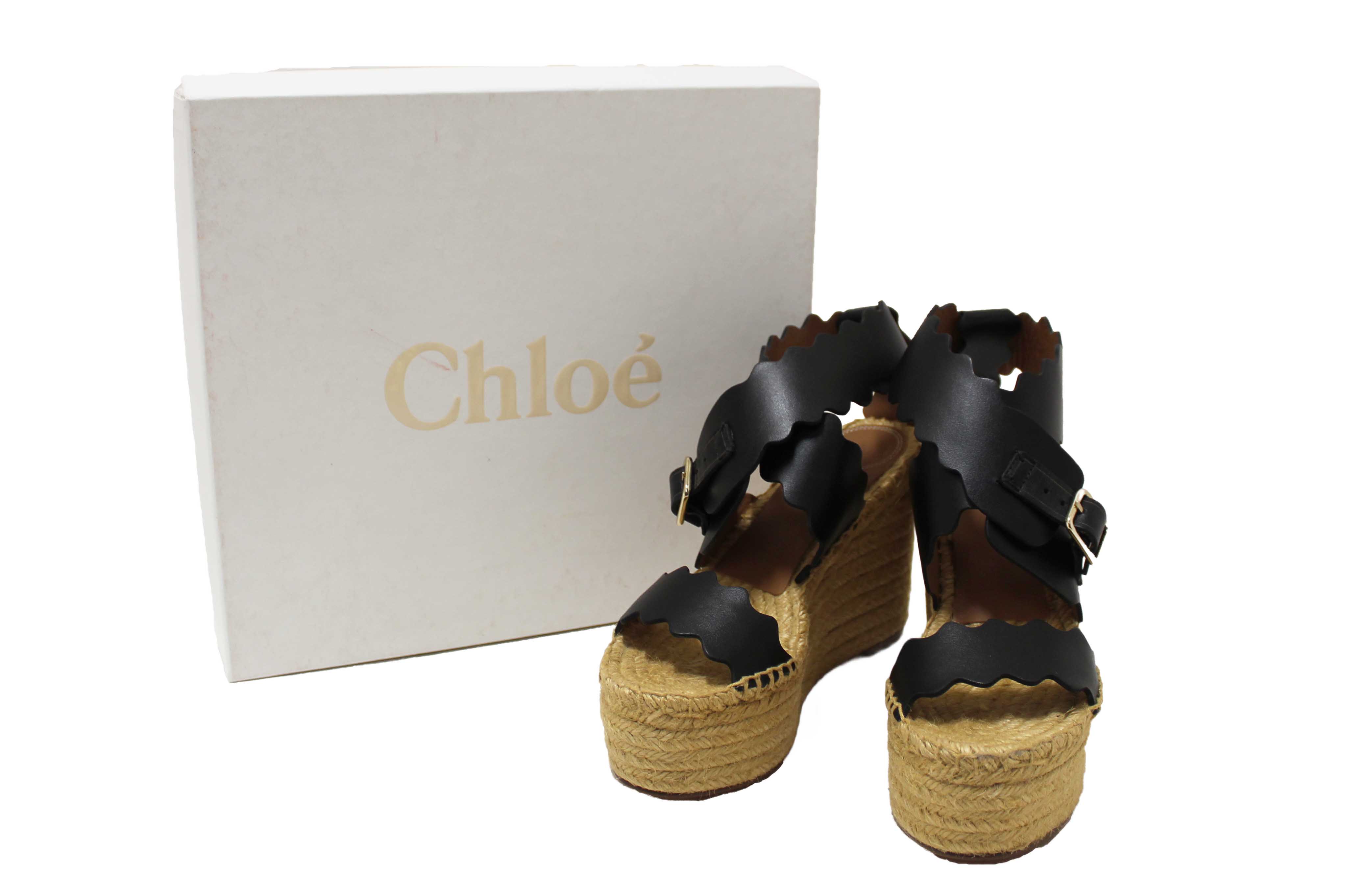 Authentic Chloe Black Nubuck Leather Lauren Wedge Espadrille Sandal Shoes Size 37