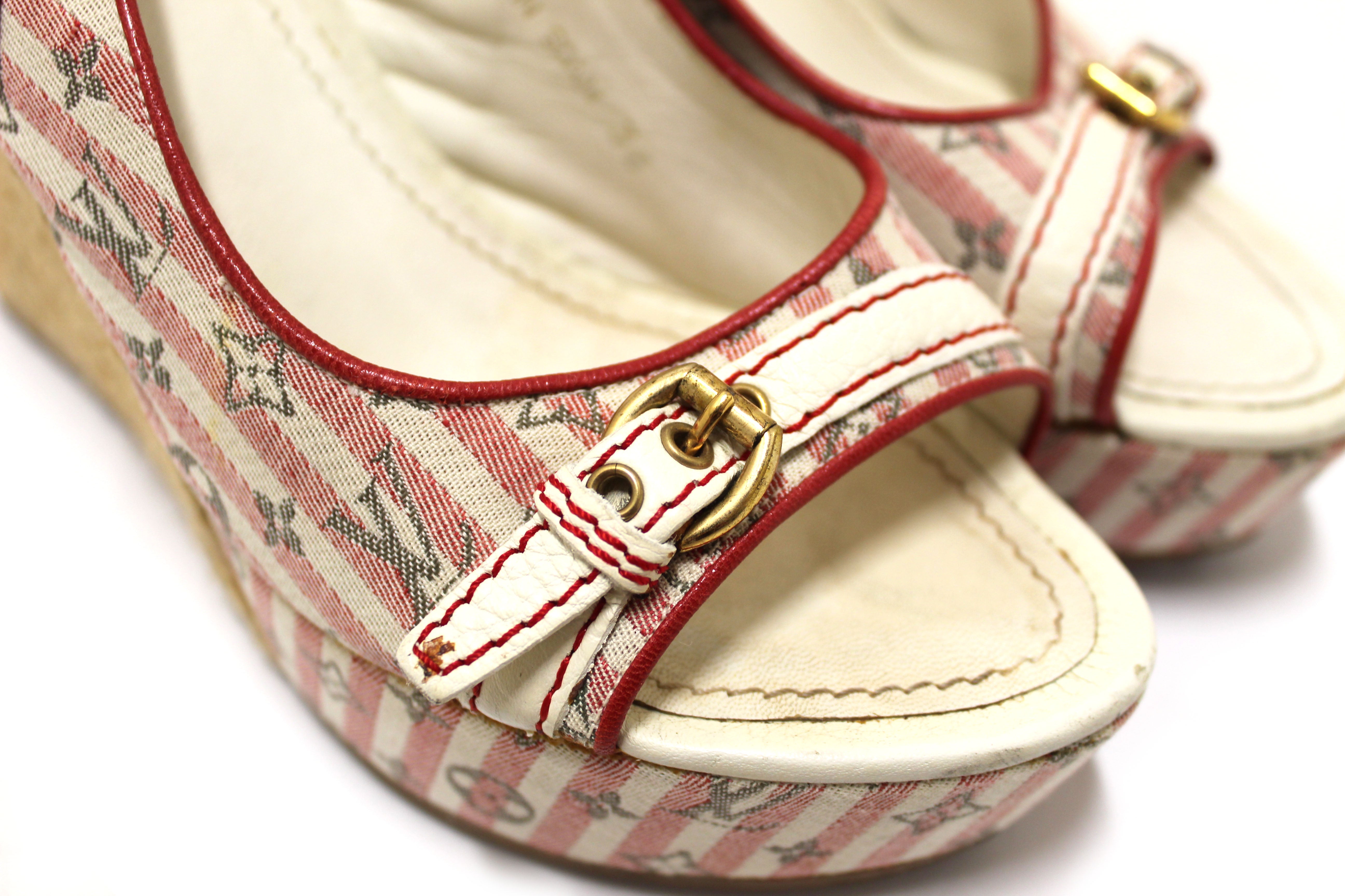 Authentic Louis Vuitton Red Mini Lin Croisette Anemone Wedges Sandals Size 36