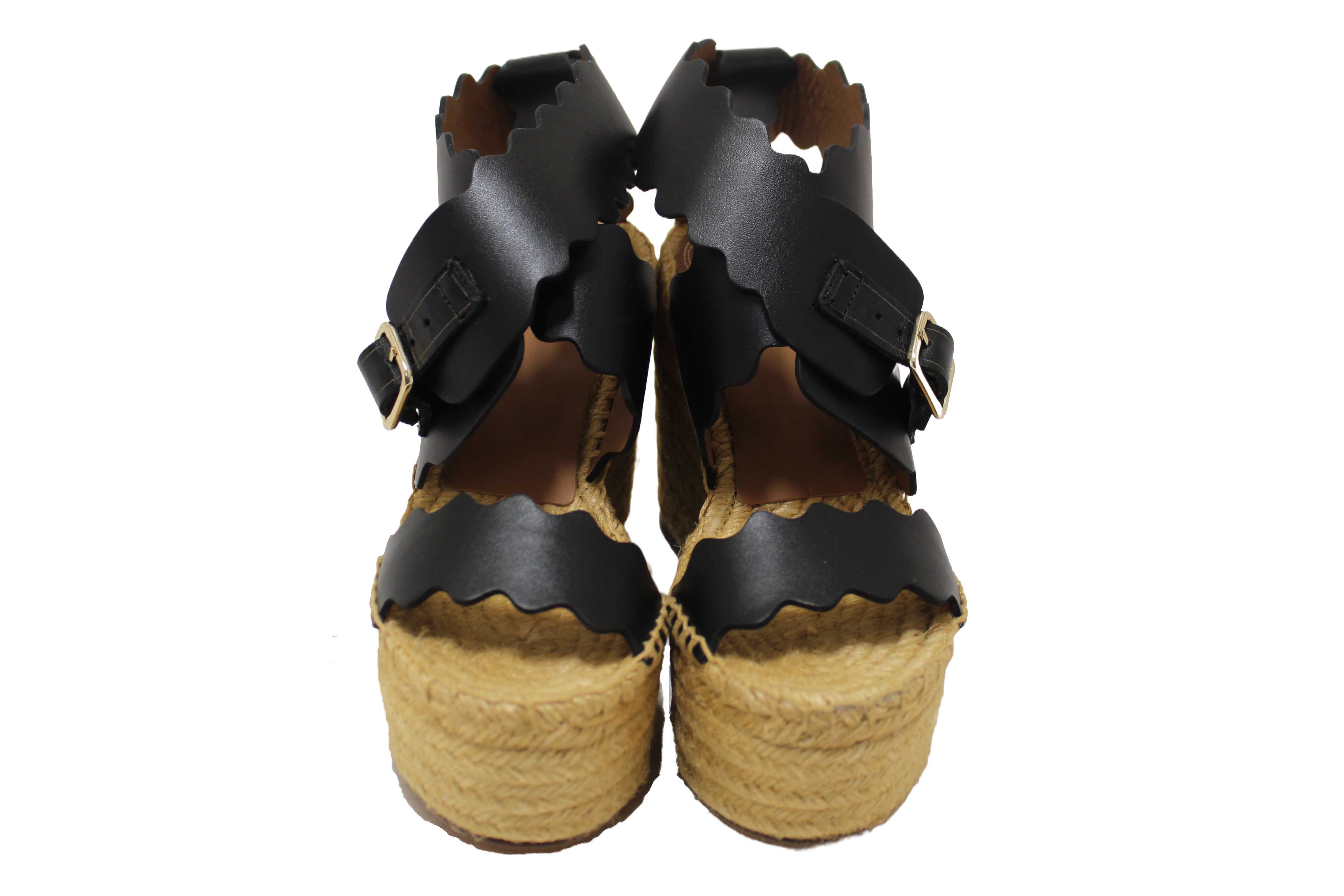 Authentic Chloe Black Nubuck Leather Lauren Wedge Espadrille Sandal Shoes Size 37