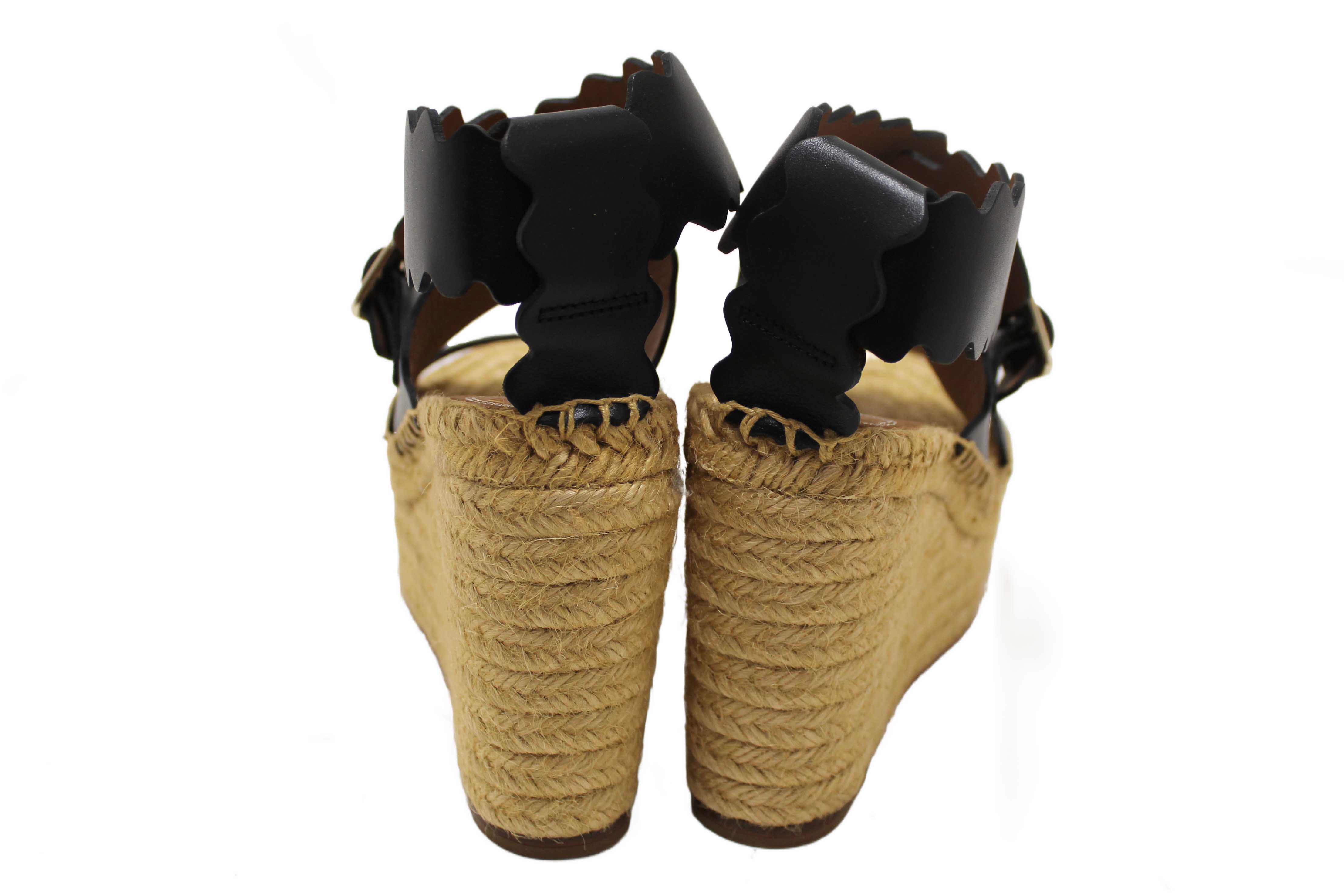 Authentic Chloe Black Nubuck Leather Lauren Wedge Espadrille Sandal Shoes Size 37