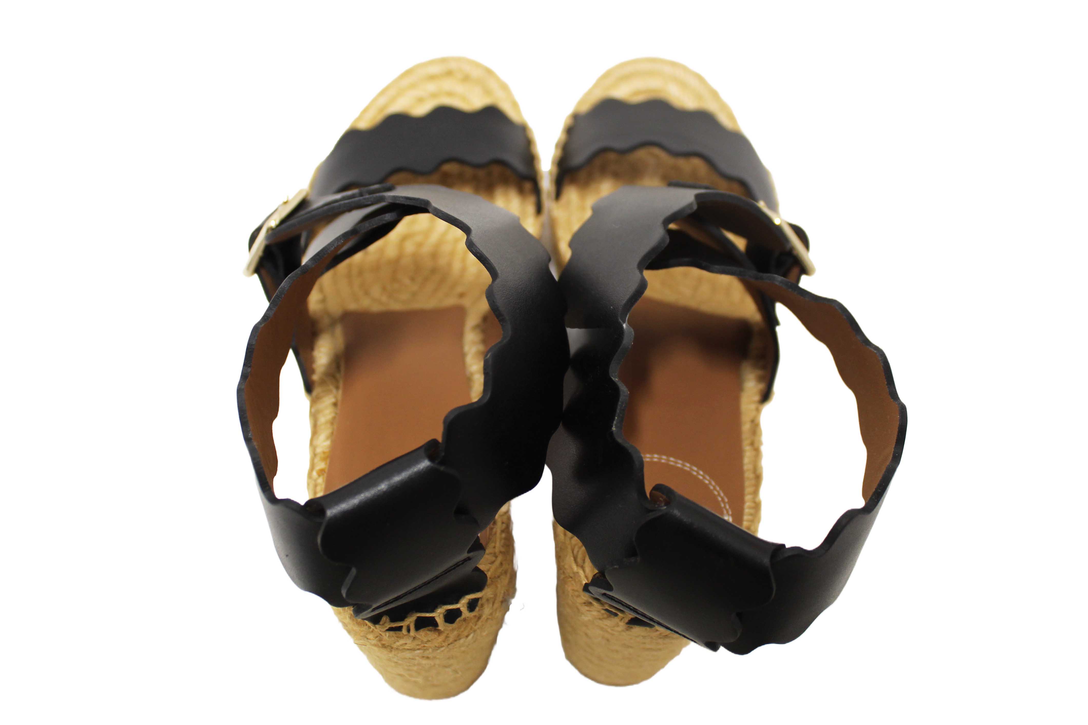 Authentic Chloe Black Nubuck Leather Lauren Wedge Espadrille Sandal Shoes Size 37