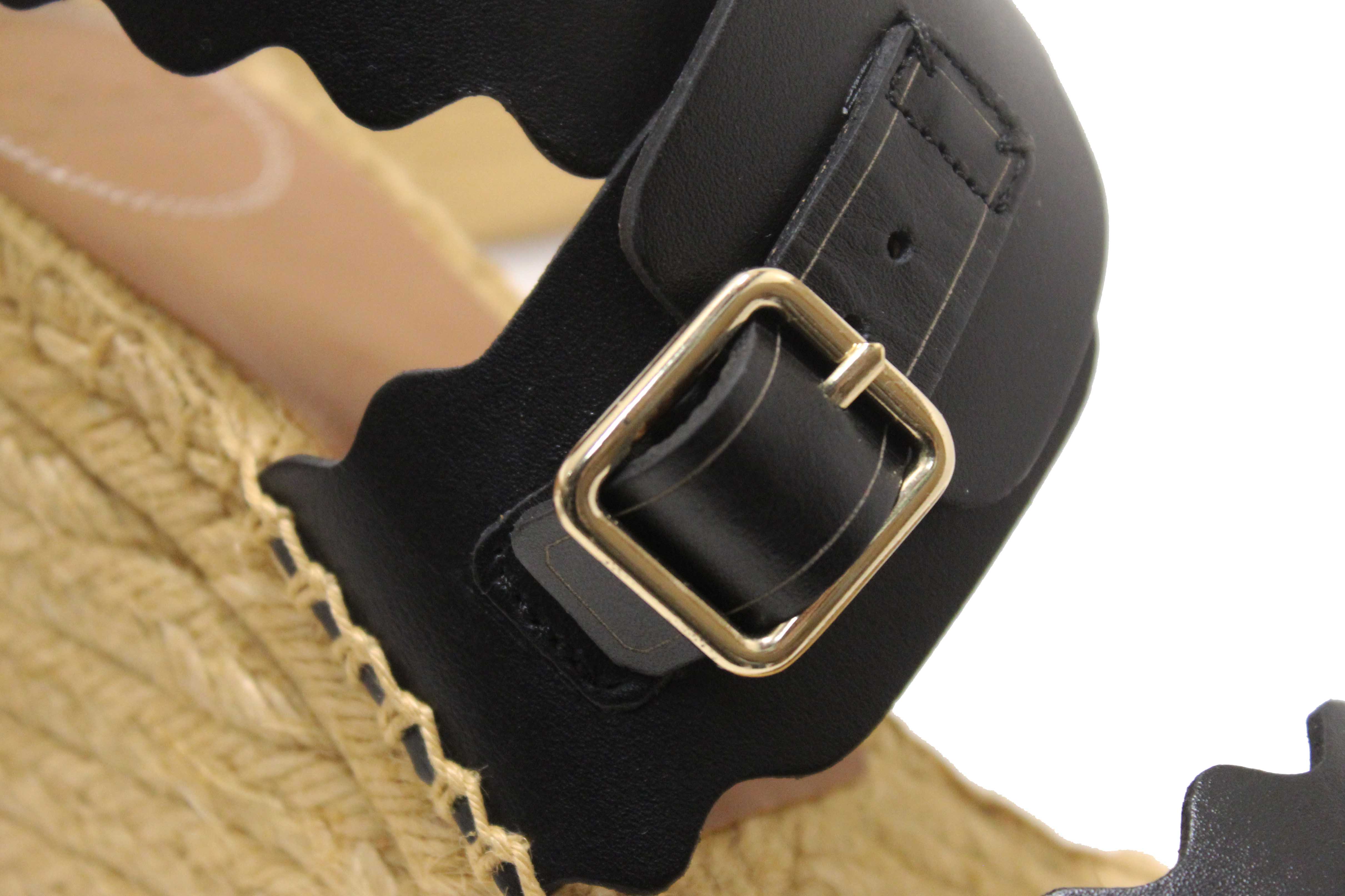 Authentic Chloe Black Nubuck Leather Lauren Wedge Espadrille Sandal Shoes Size 37