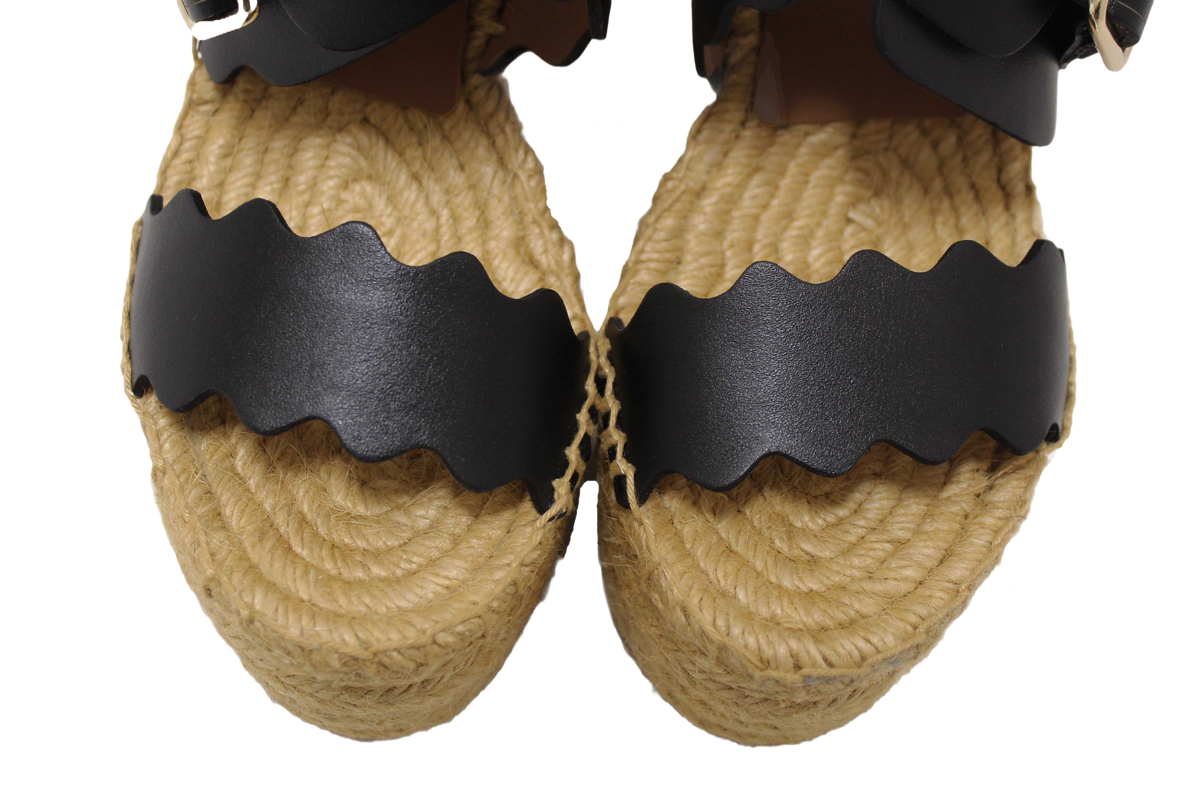 Authentic Chloe Black Nubuck Leather Lauren Wedge Espadrille Sandal Shoes Size 37