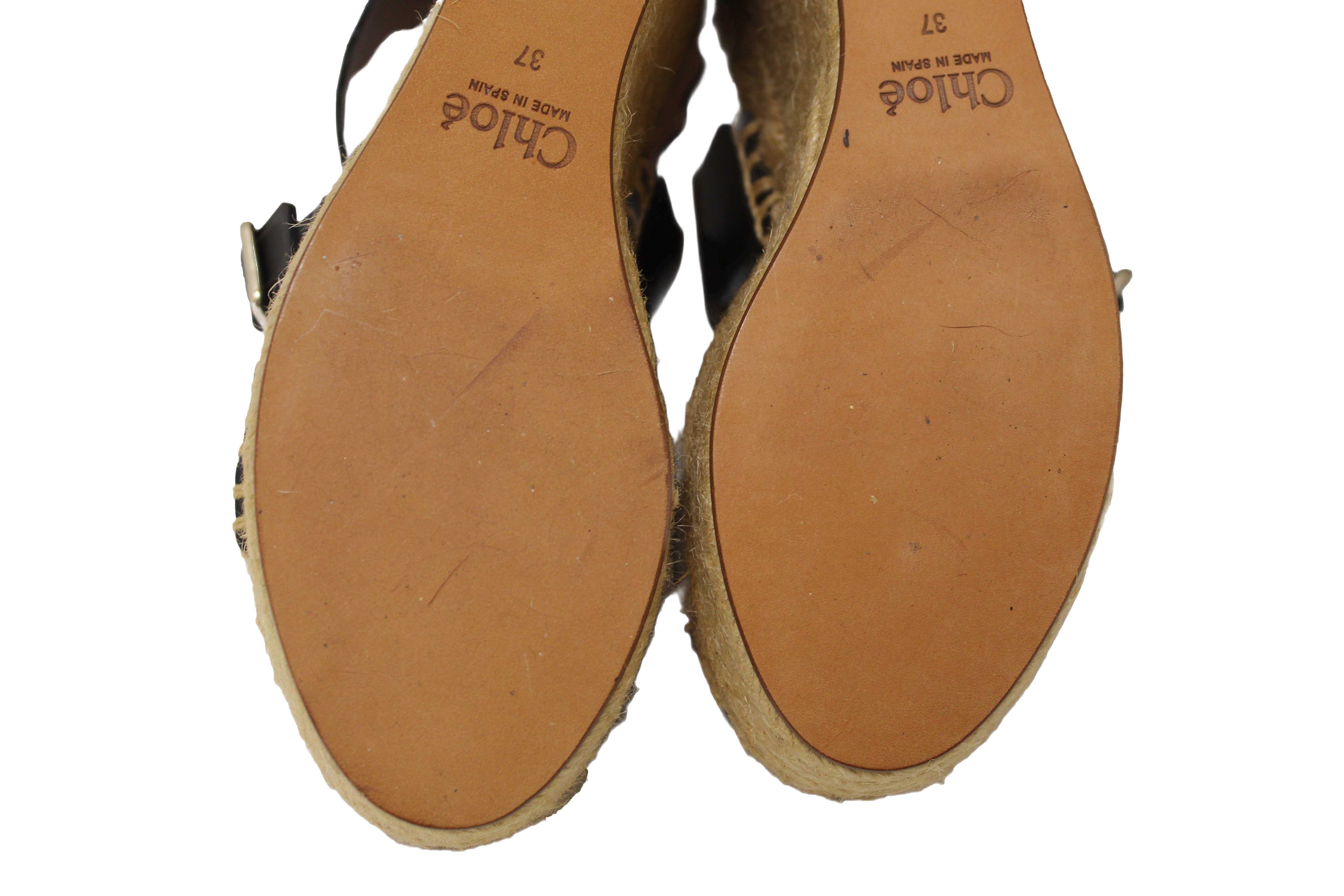 Authentic Chloe Black Nubuck Leather Lauren Wedge Espadrille Sandal Shoes Size 37