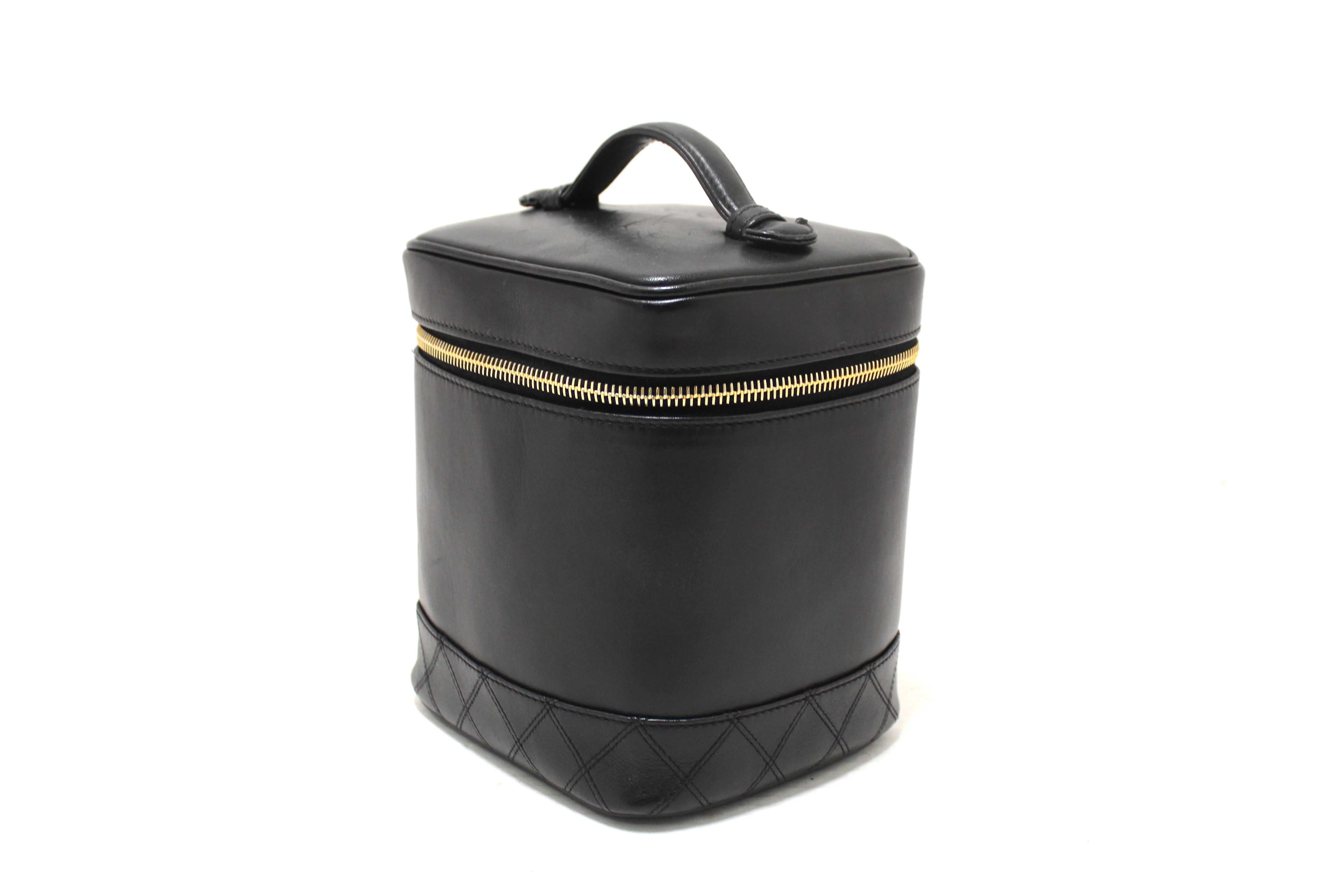 Authentic Chanel Vintage Black Lambskin Leather Vanity Cosmetic Case