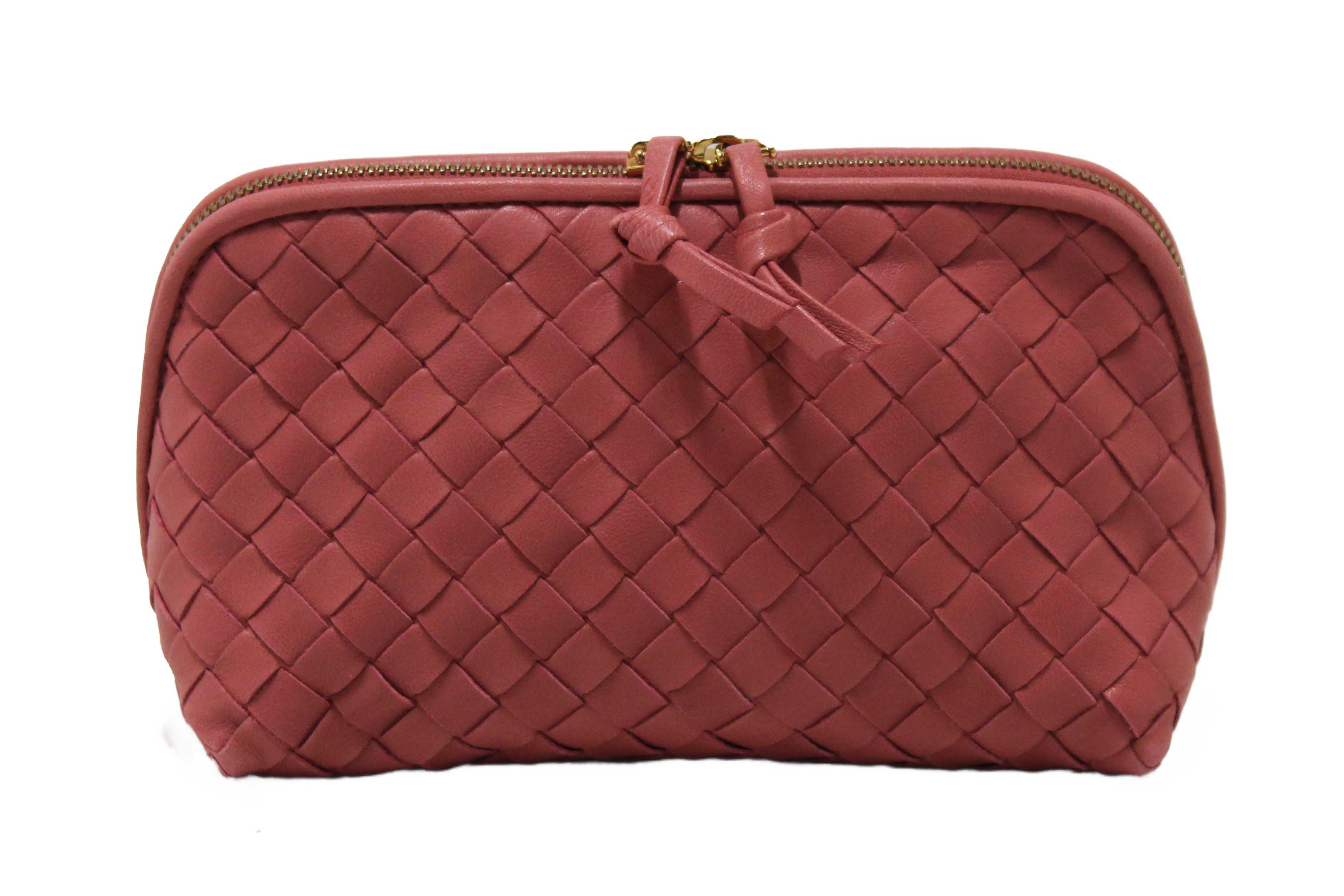 Authentic Bottega Veneta Dusty Pink Intreciciato Leather Cosmetic Pouch