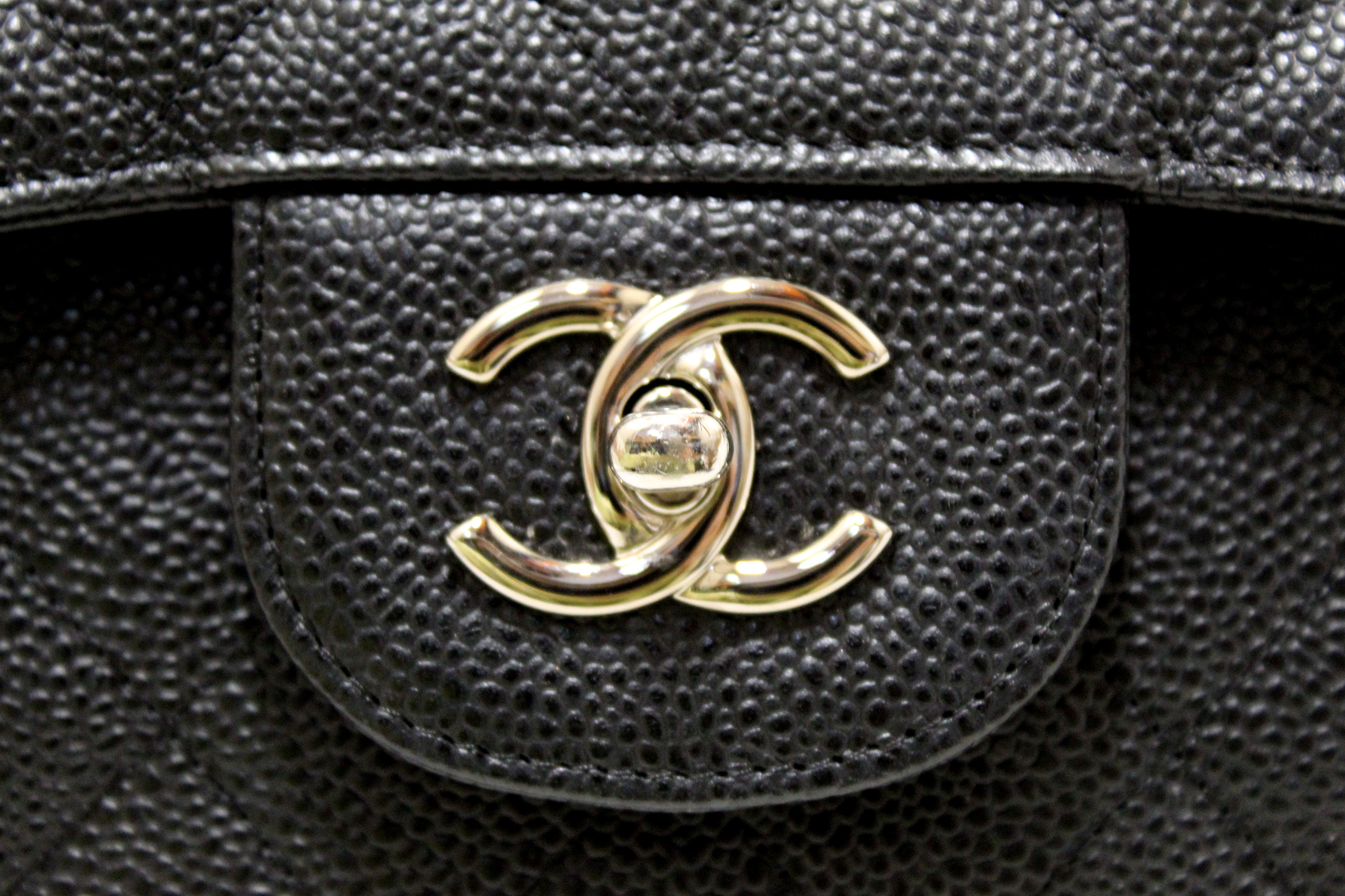 Authentic Chanel Black Quilted Caviar Leather Classic Jumbo Double Flap Bag