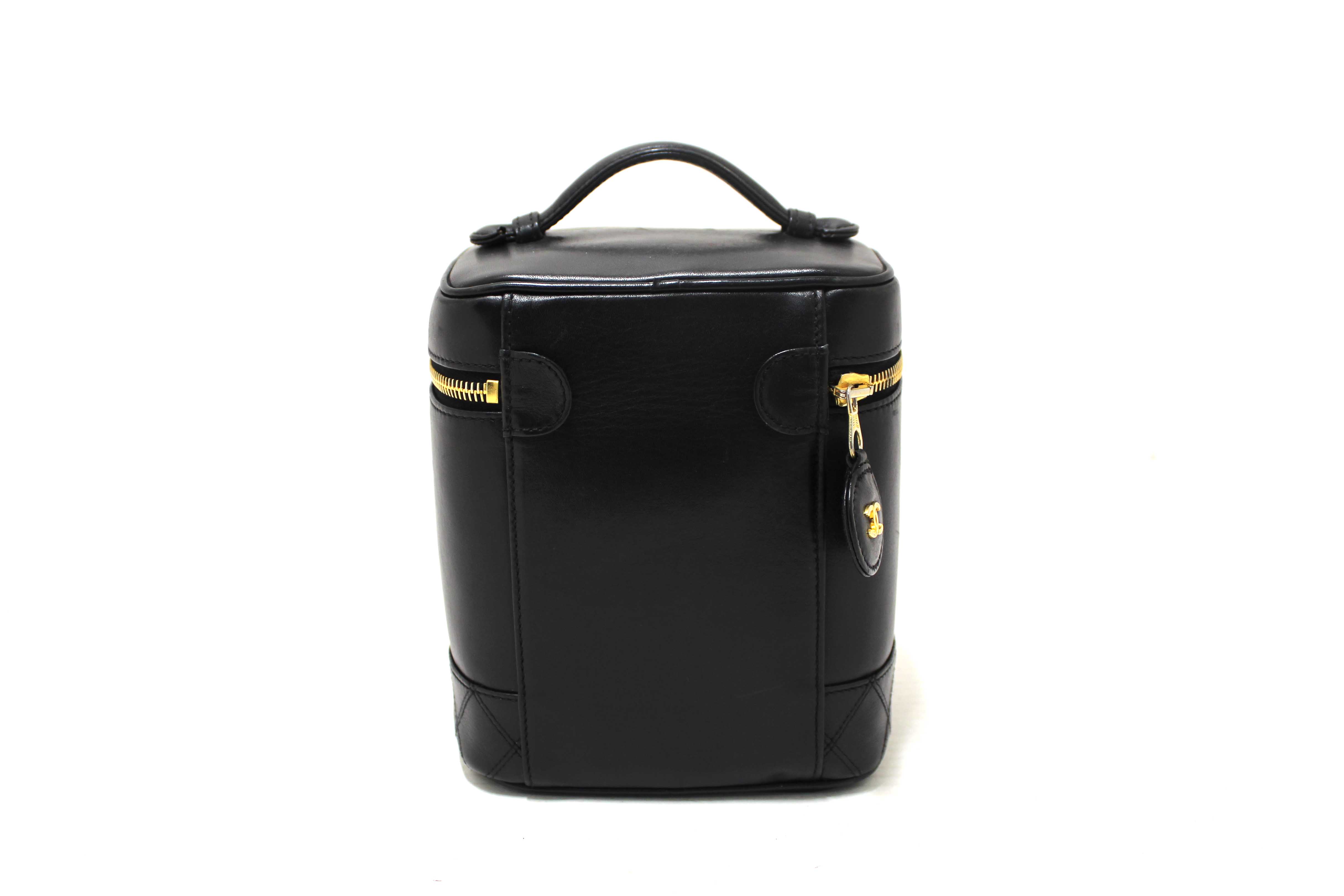 Authentic Chanel Vintage Black Lambskin Leather Vanity Cosmetic Case