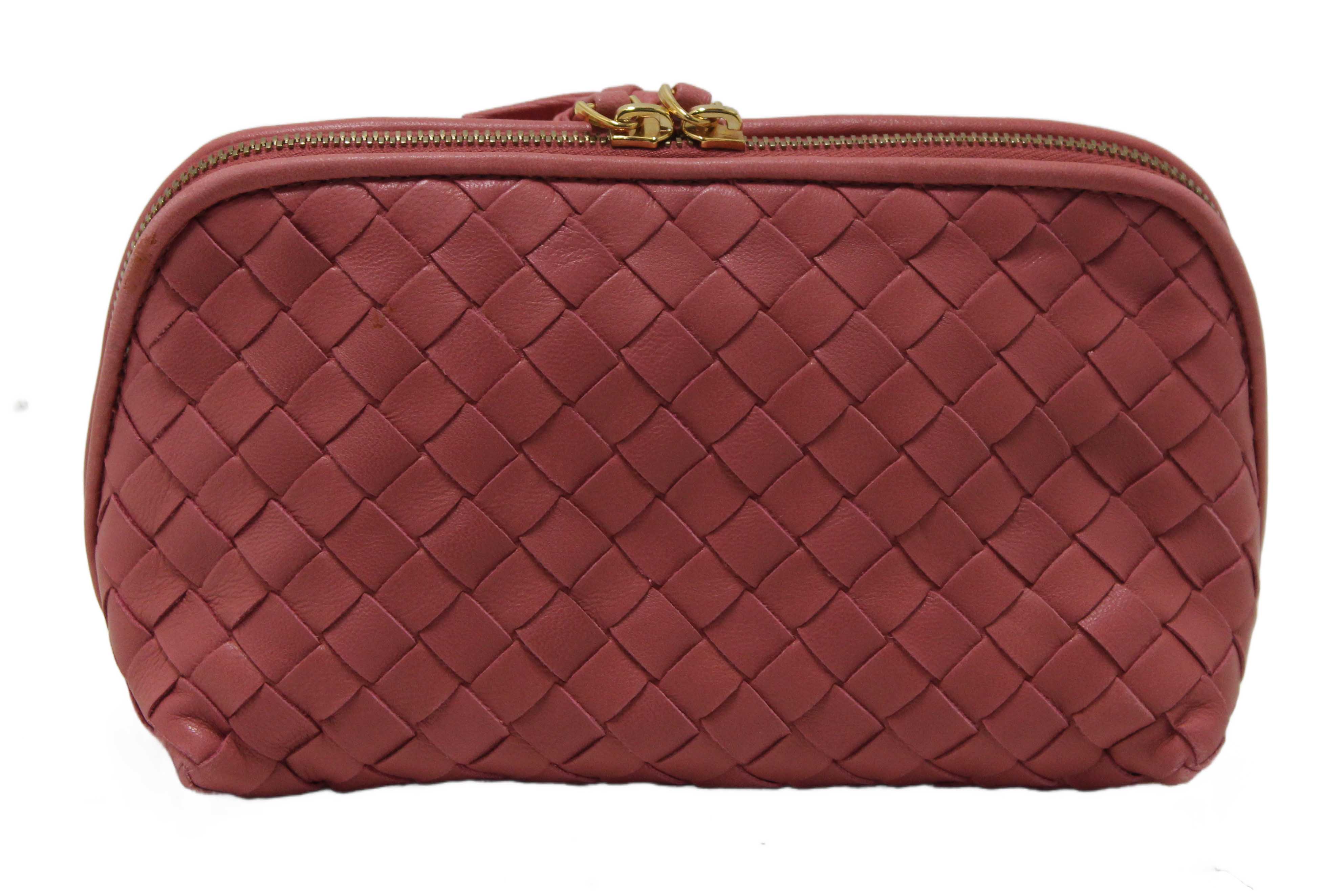 Authentic Bottega Veneta Dusty Pink Intreciciato Leather Cosmetic Pouch
